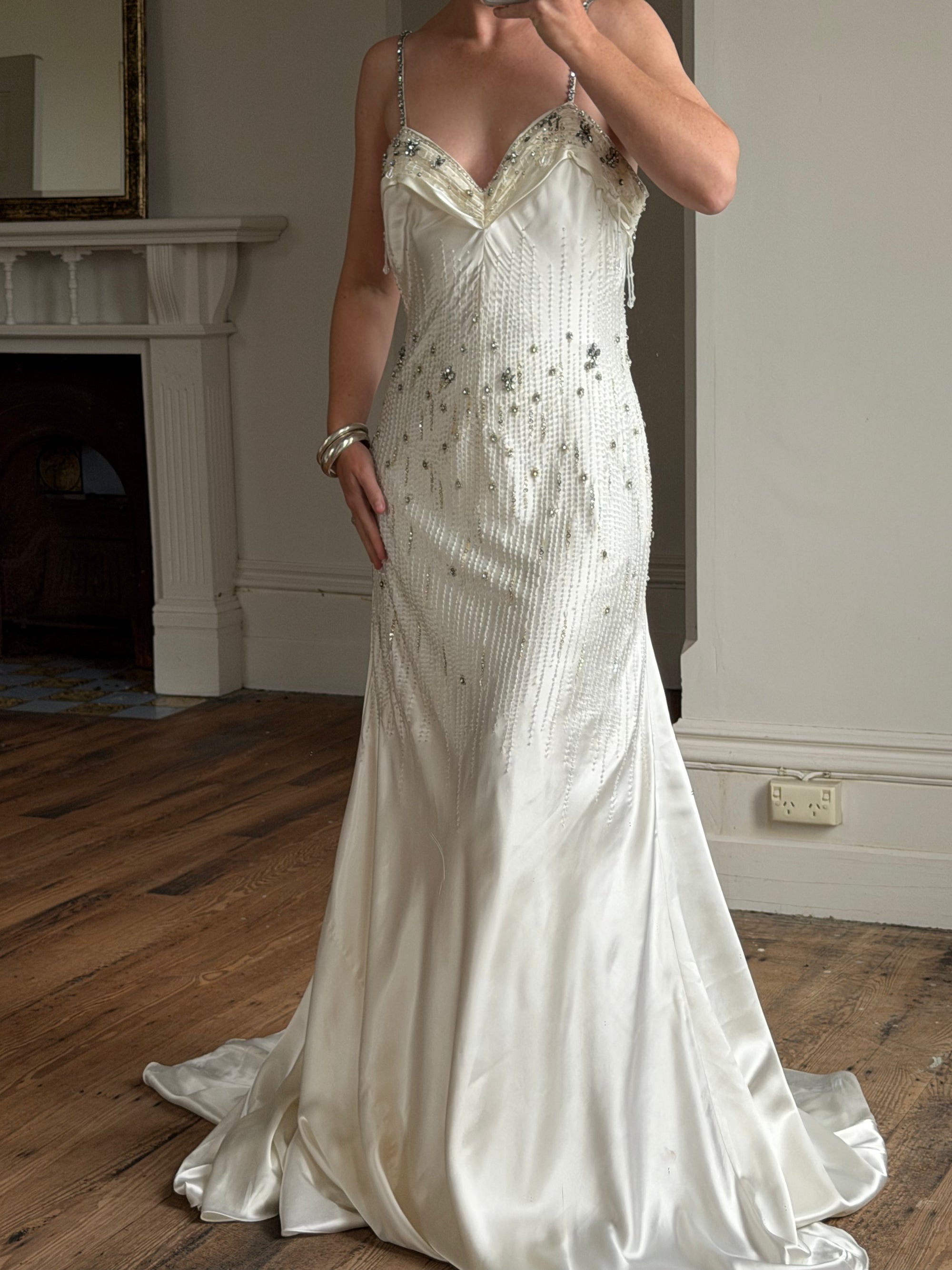 Vintage 90s Italian Crystal and Rhinestone Silk Backless Wedding Gown