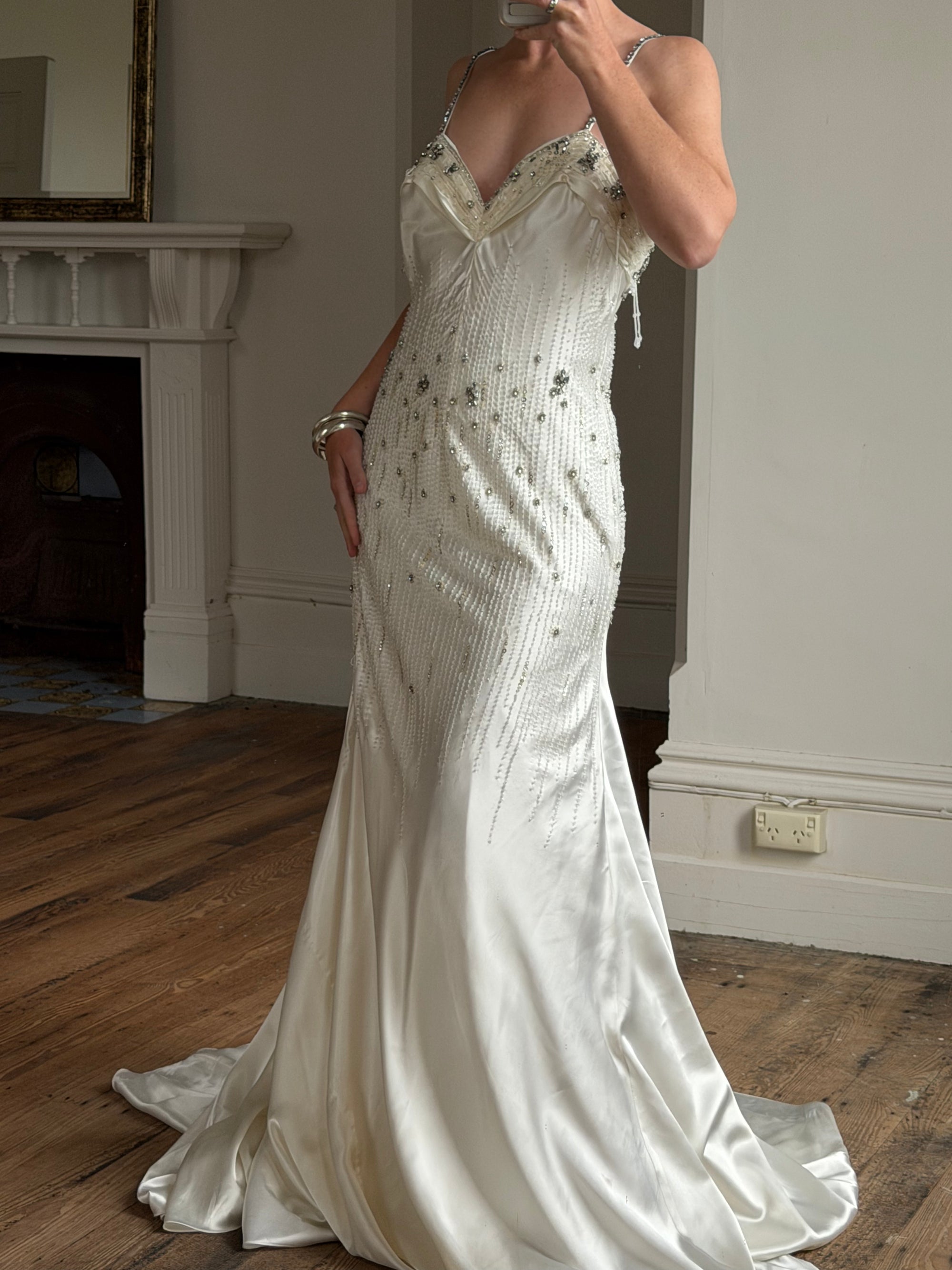 Vintage 90s Italian Crystal and Rhinestone Silk Backless Wedding Gown