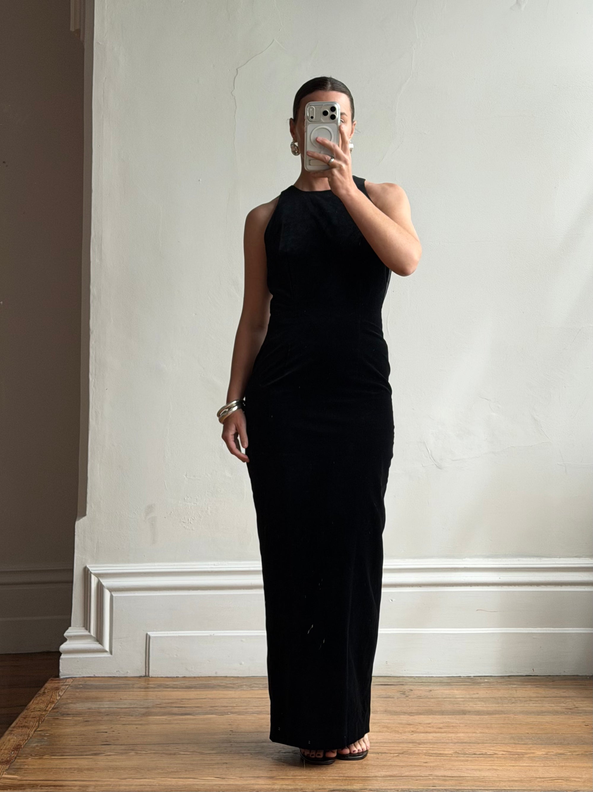 Vintage 90s Velvet Open Back Minimalist Maxi Dress