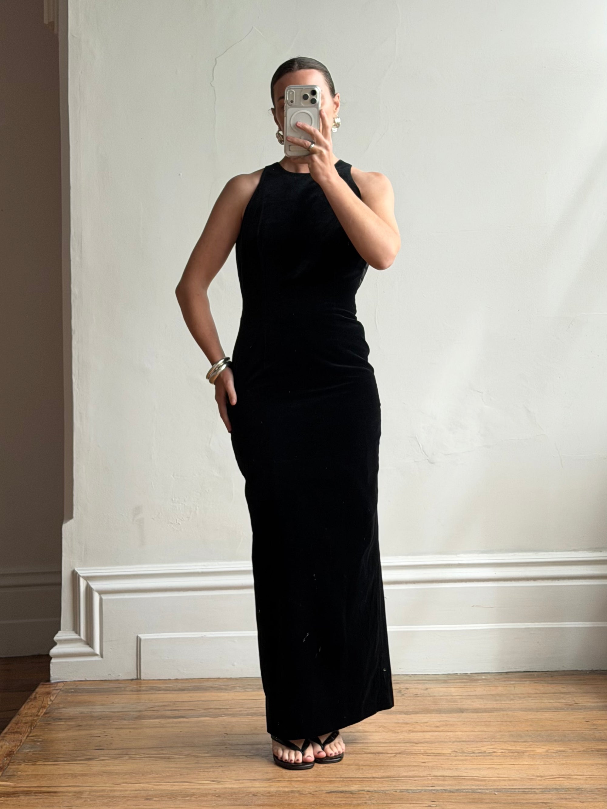Vintage 90s Velvet Open Back Minimalist Maxi Dress