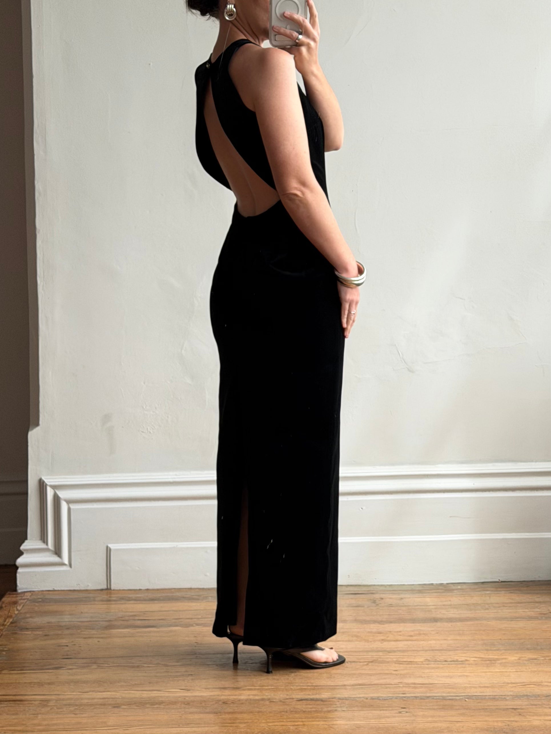 Vintage 90s Velvet Open Back Minimalist Maxi Dress