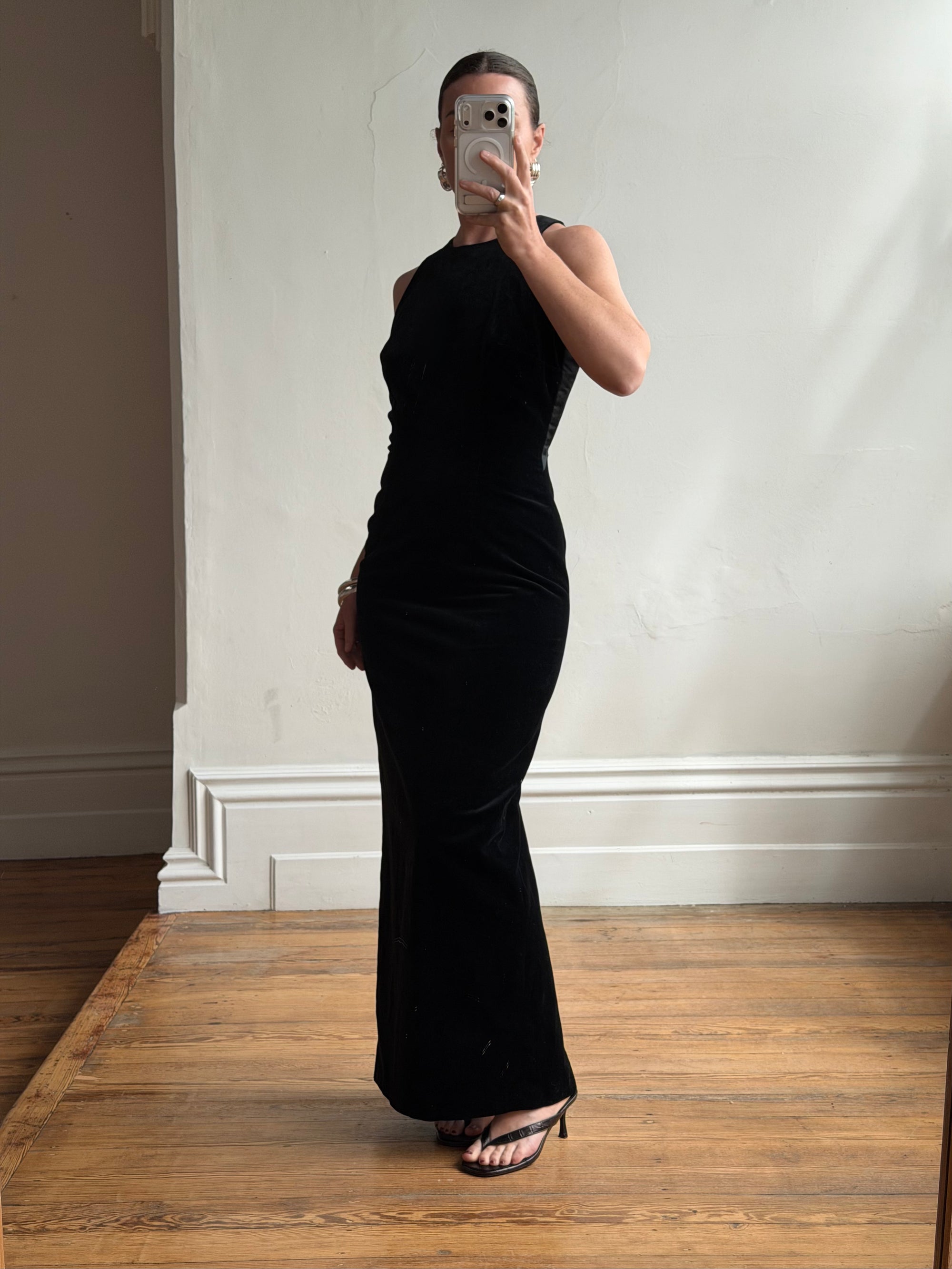Vintage 90s Velvet Open Back Minimalist Maxi Dress