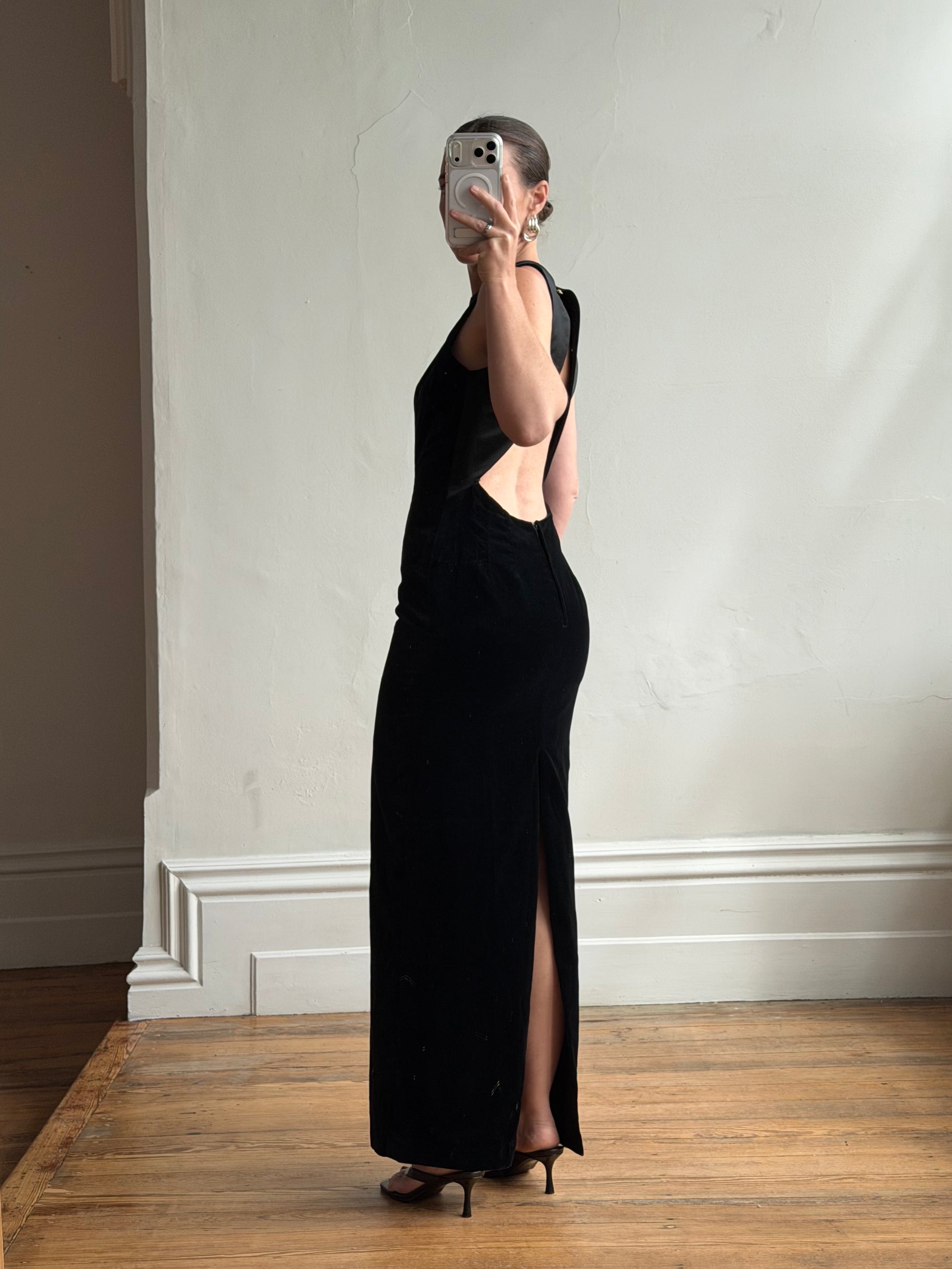 Vintage 90s Velvet Open Back Minimalist Maxi Dress