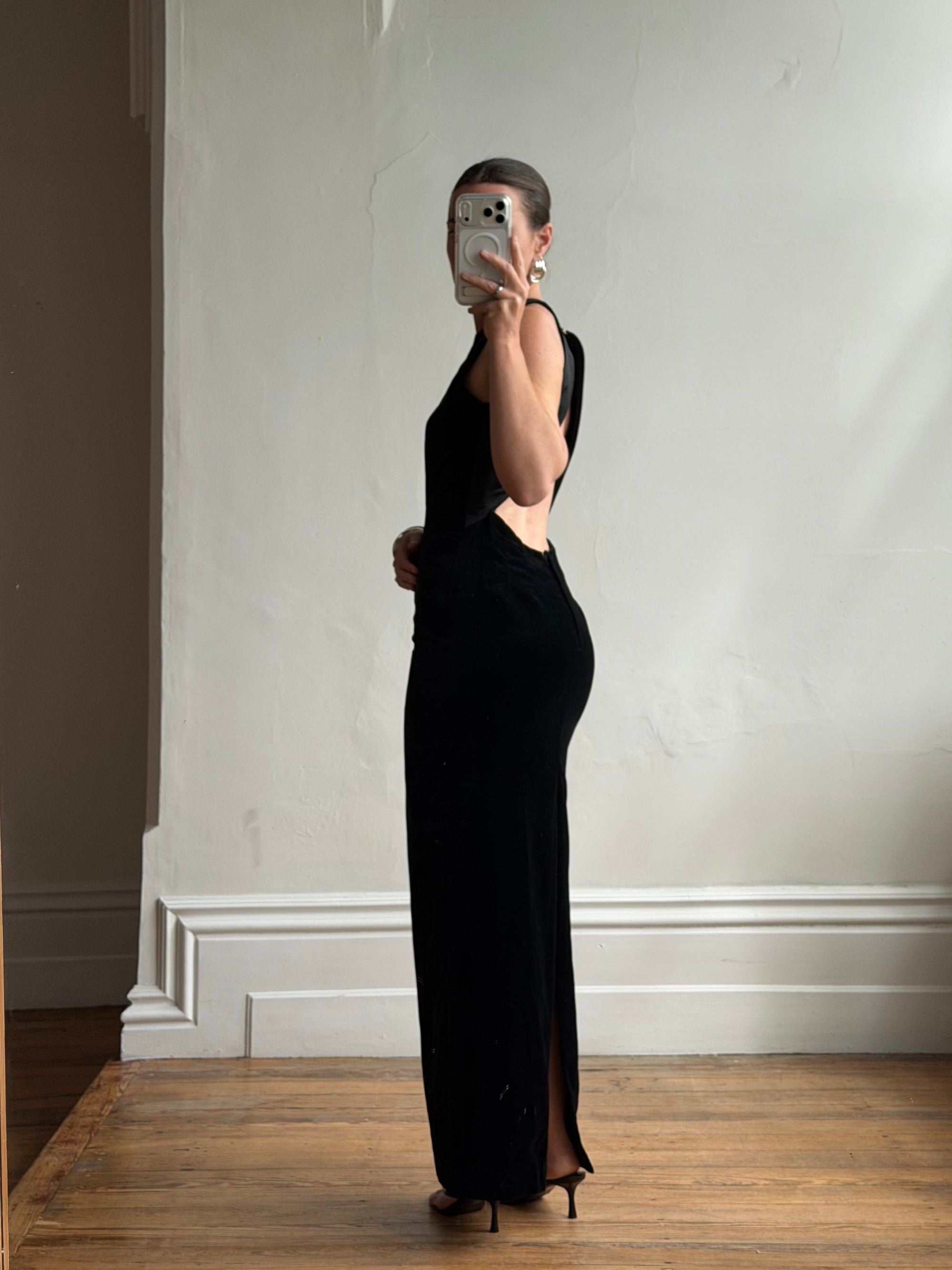 Vintage 90s Velvet Open Back Minimalist Maxi Dress