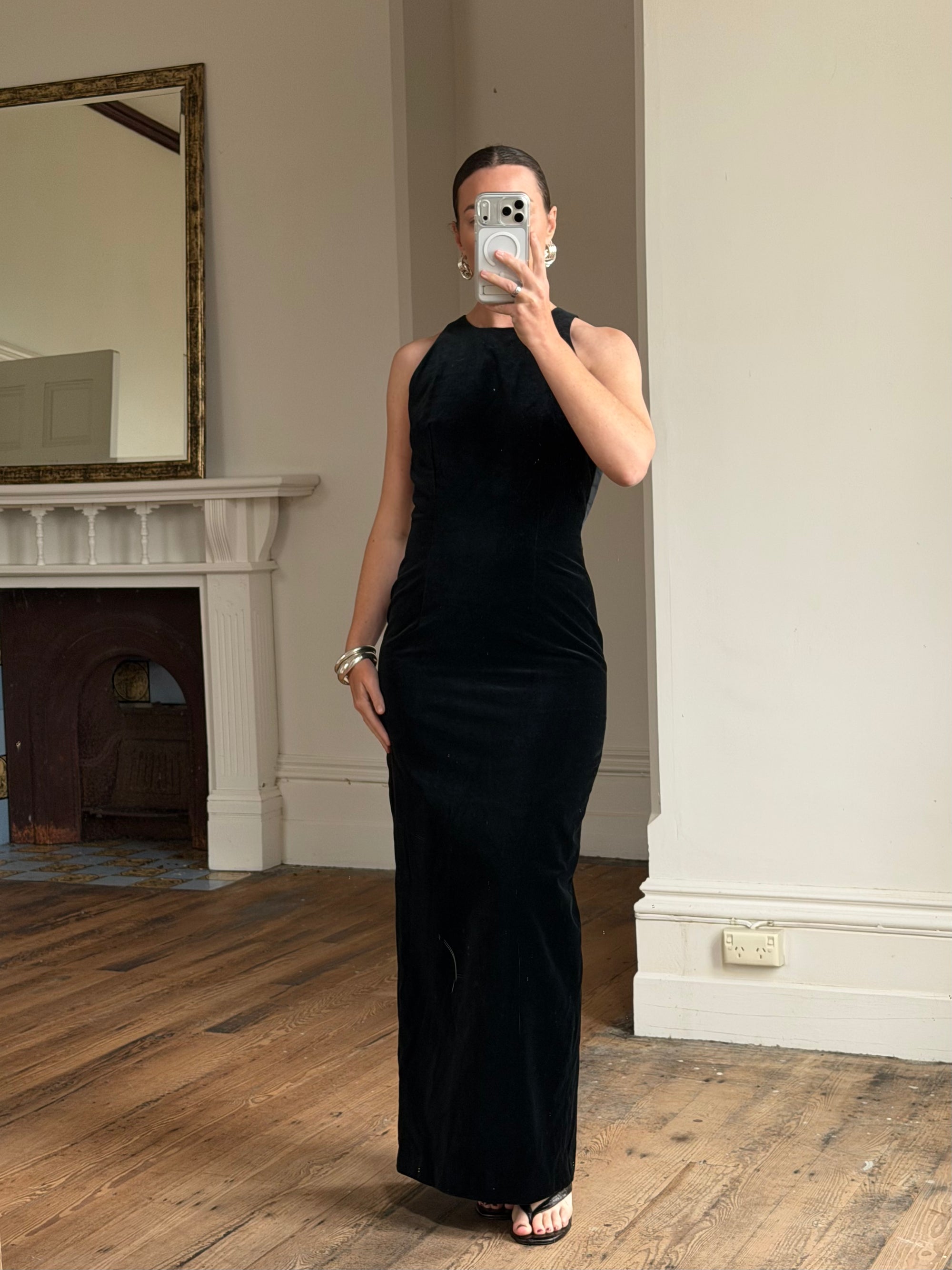 Vintage 90s Velvet Open Back Minimalist Maxi Dress