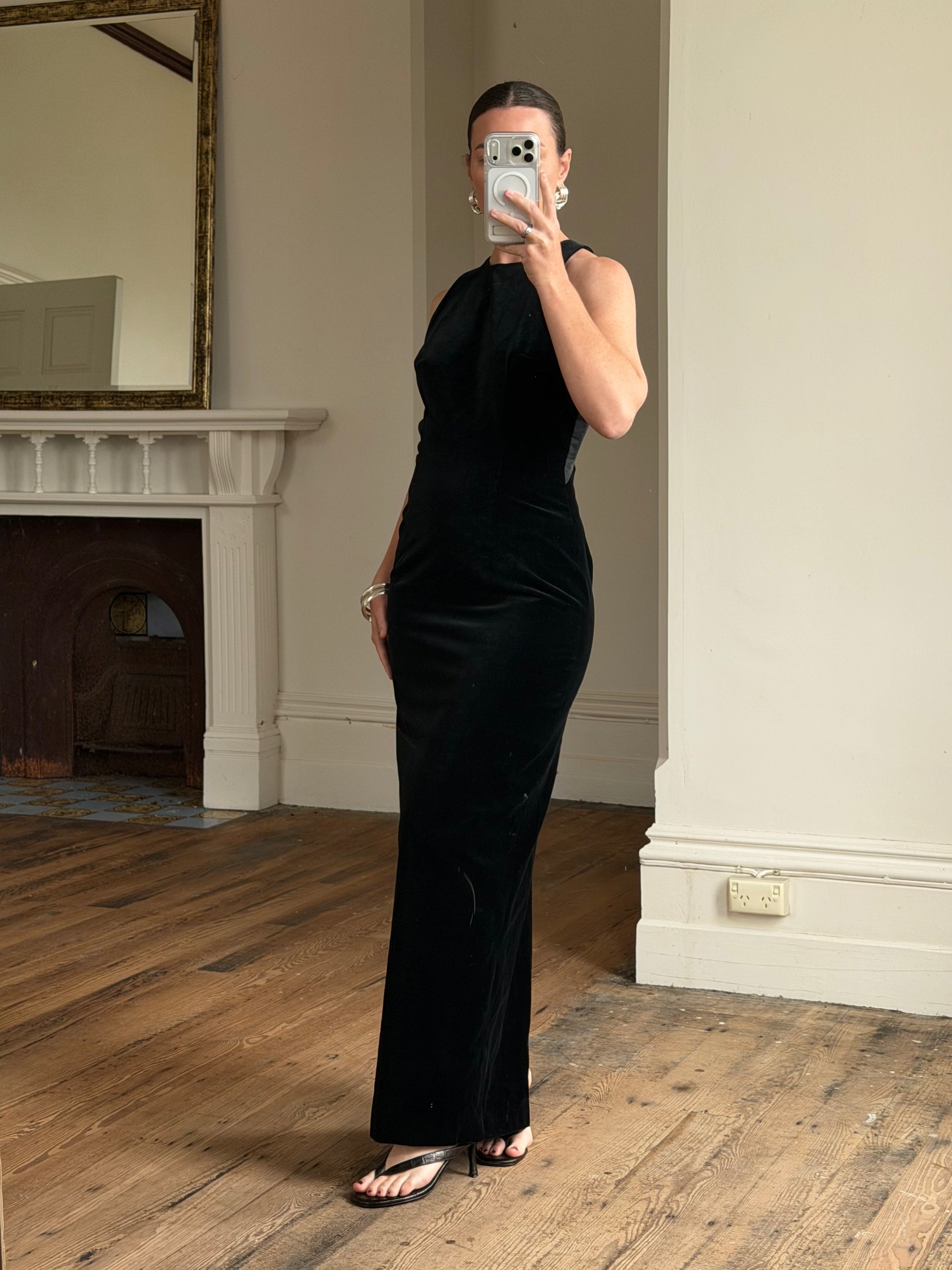 Vintage 90s Velvet Open Back Minimalist Maxi Dress