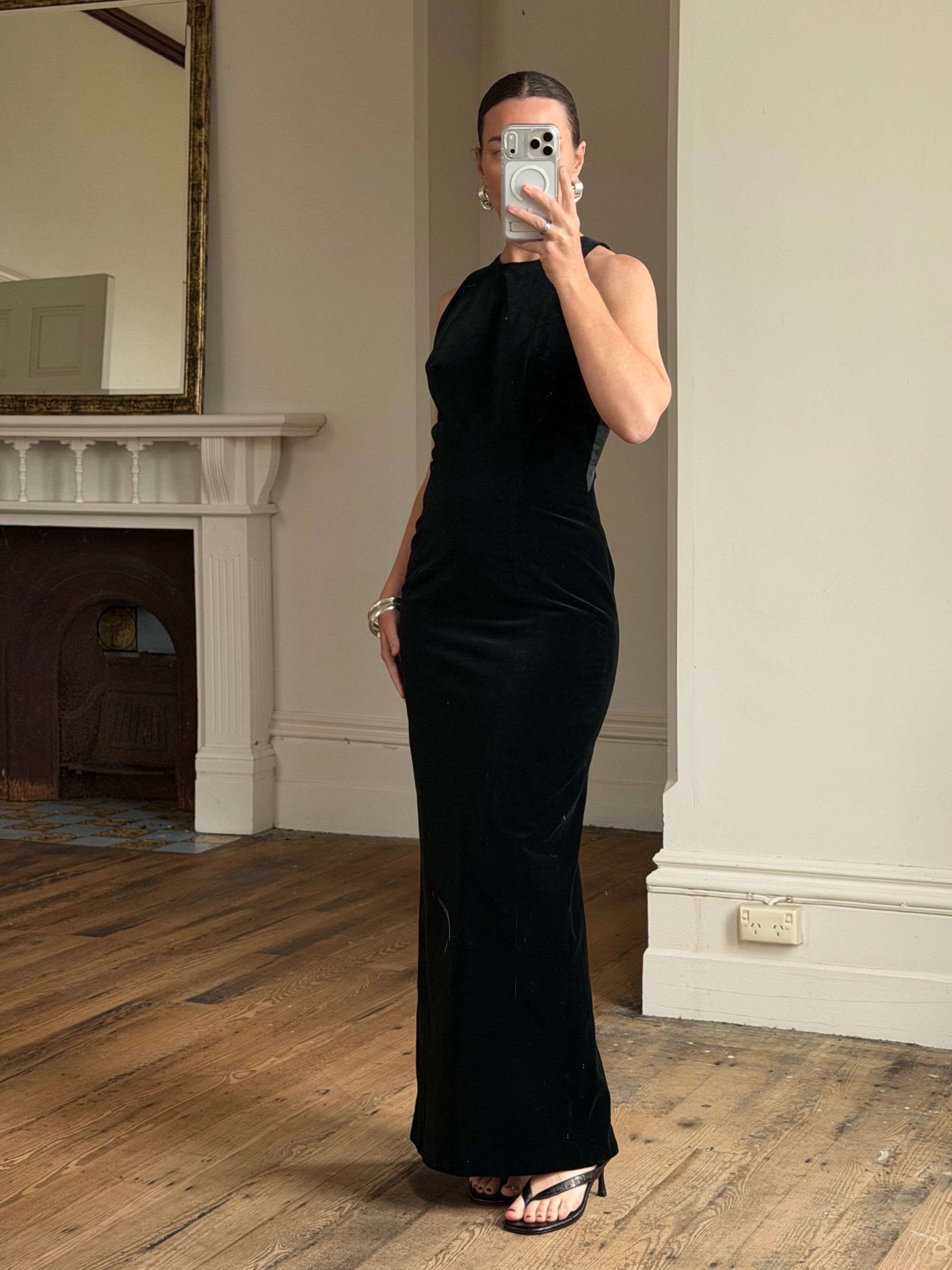 Vintage 90s Velvet Open Back Minimalist Maxi Dress