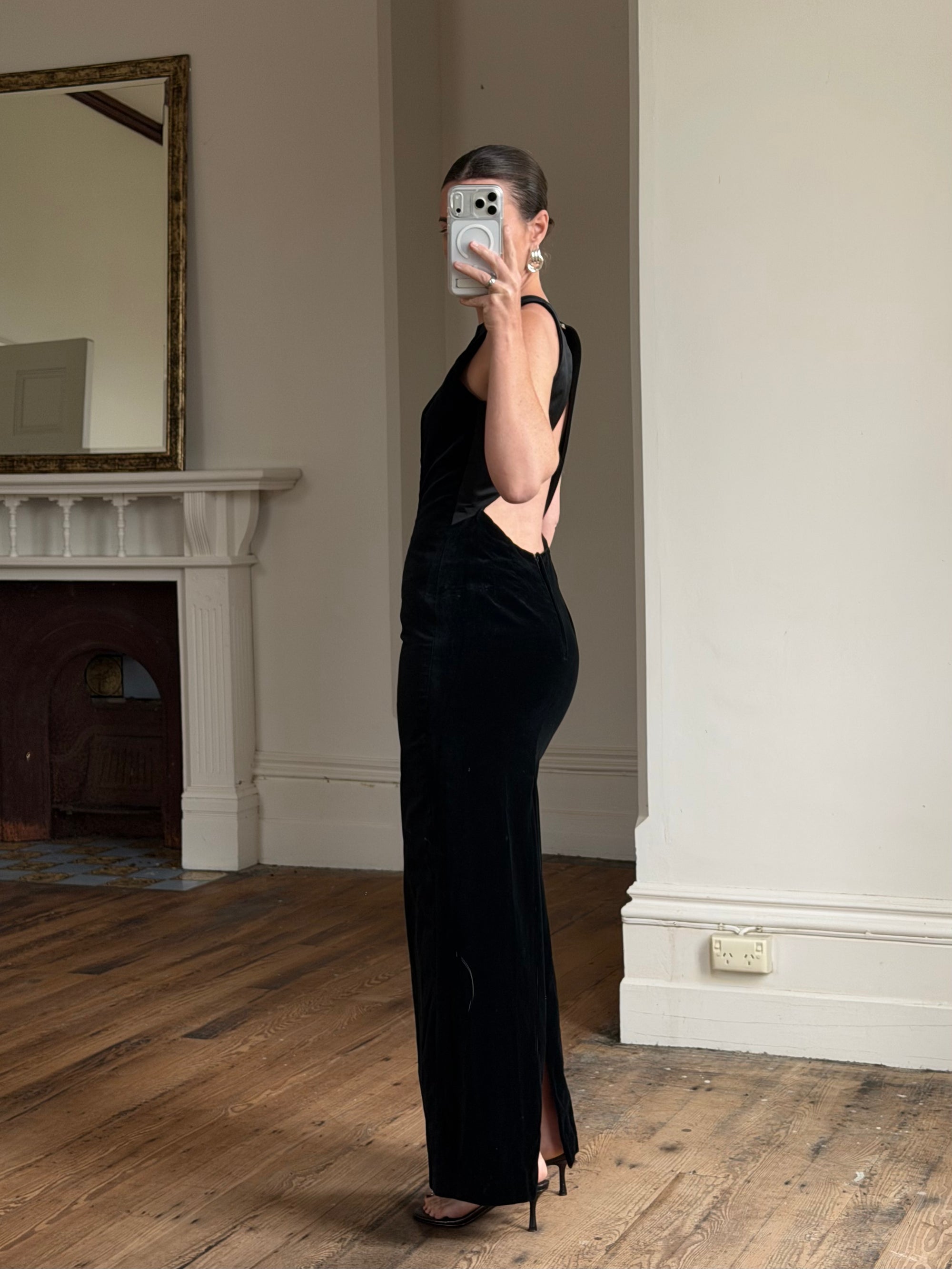 Vintage 90s Velvet Open Back Minimalist Maxi Dress
