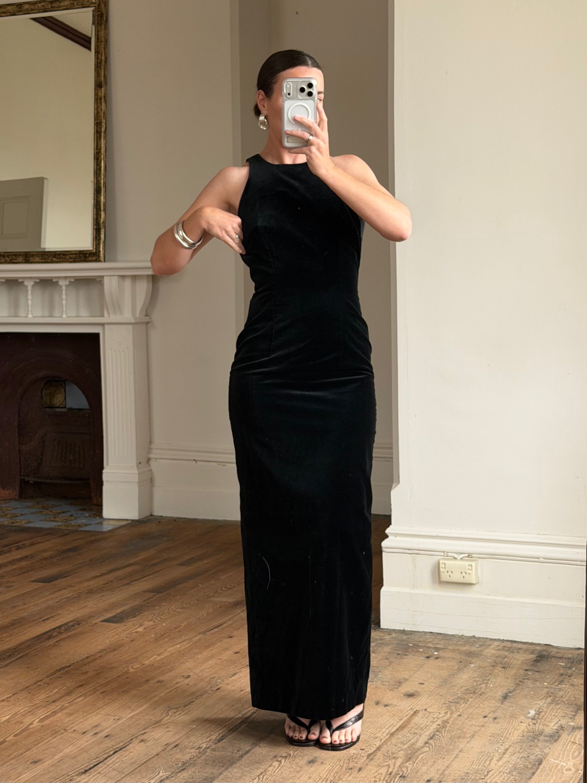 Vintage 90s Velvet Open Back Minimalist Maxi Dress