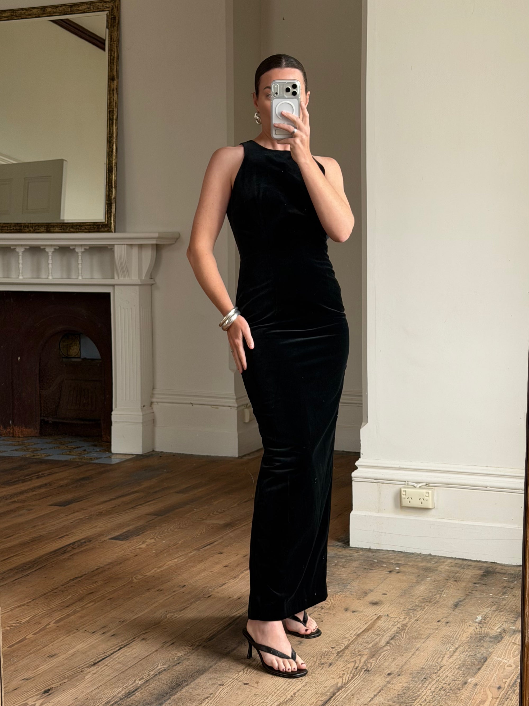 Vintage 90s Velvet Open Back Minimalist Maxi Dress