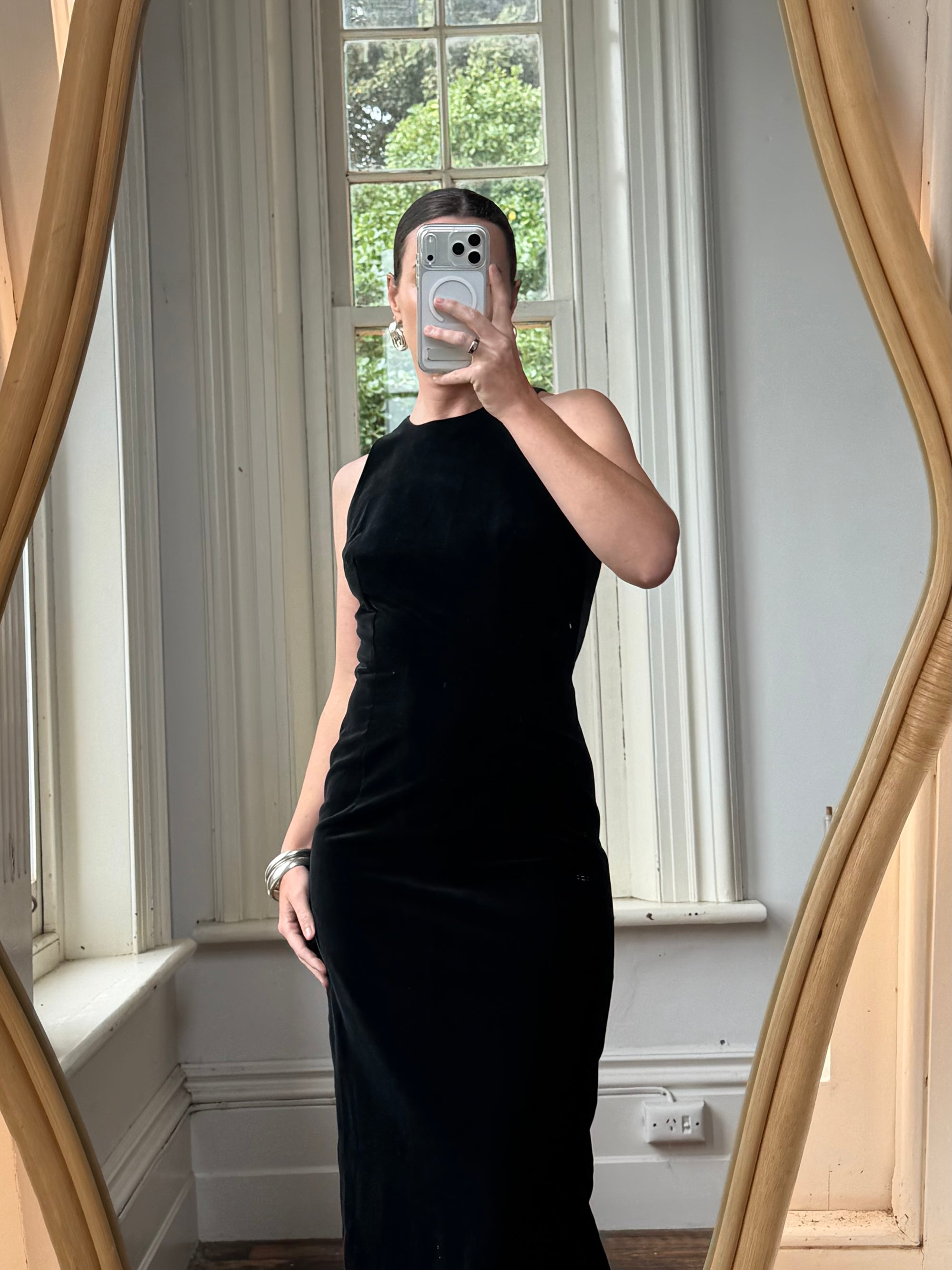 Vintage 90s Velvet Open Back Minimalist Maxi Dress