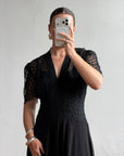 Vintage 40s Guipure Lace Short Sleeved Gown Noir