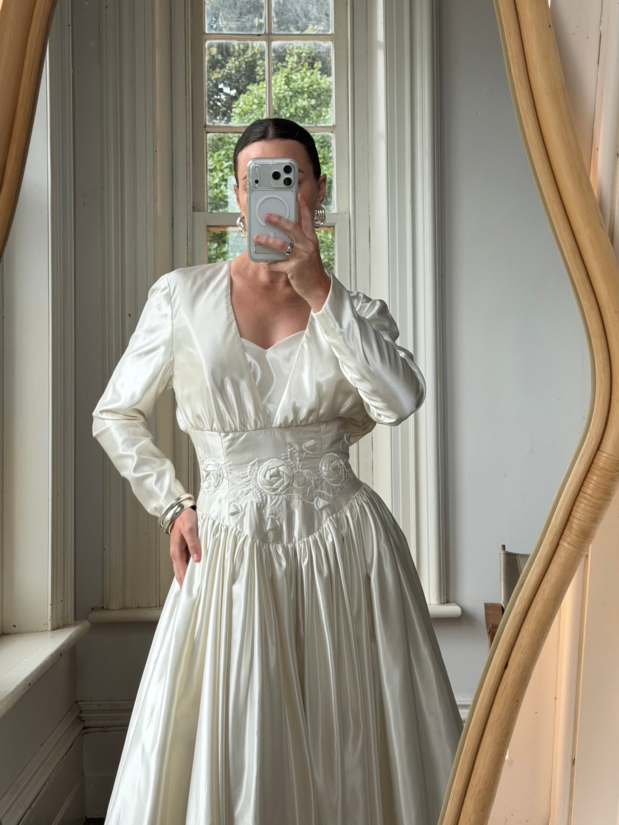 Vintage 90s Australian Made Satin Rosette Basque Waist Ballgown