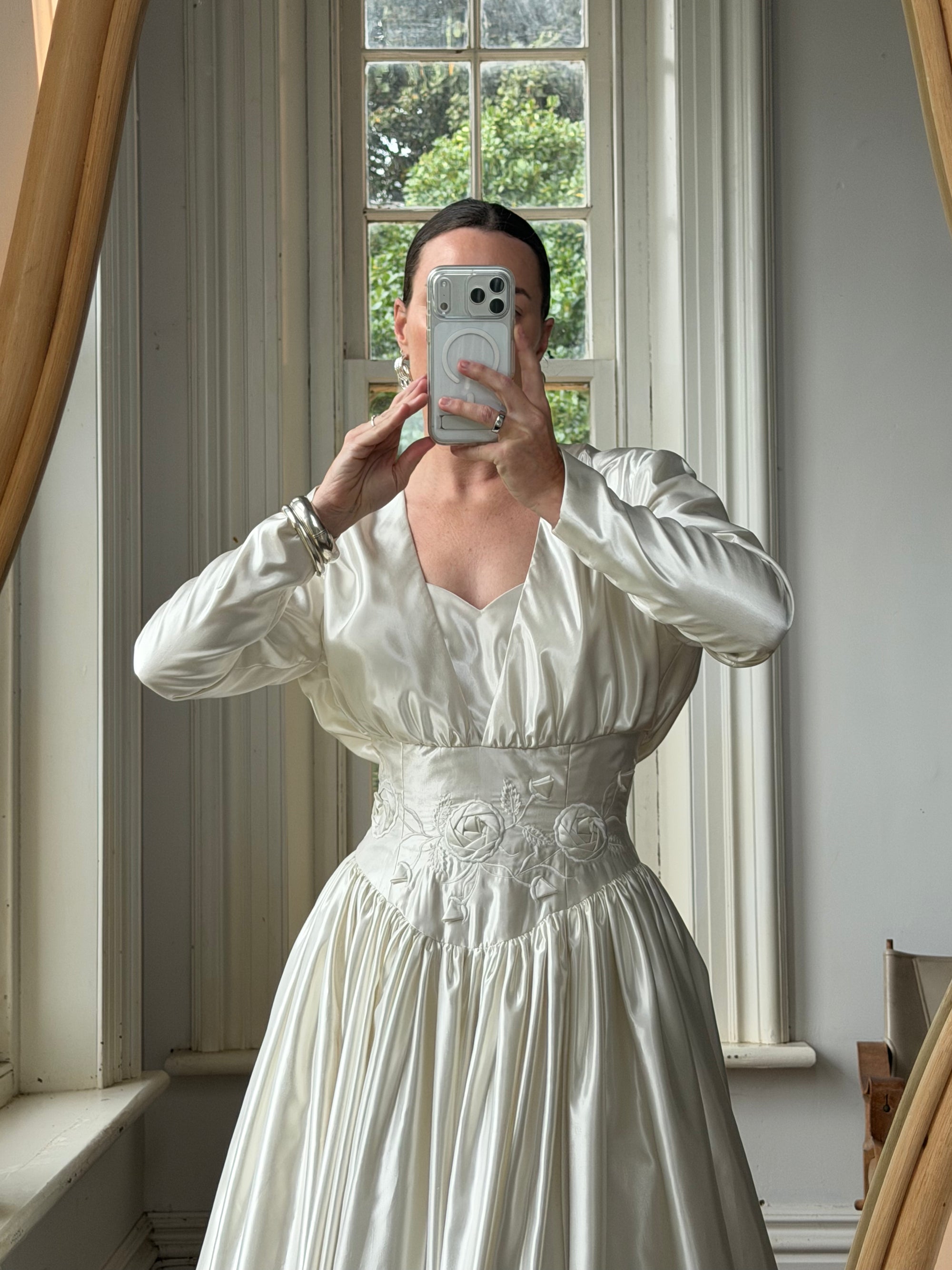 Vintage 90s Australian Made Satin Rosette Basque Waist Ballgown
