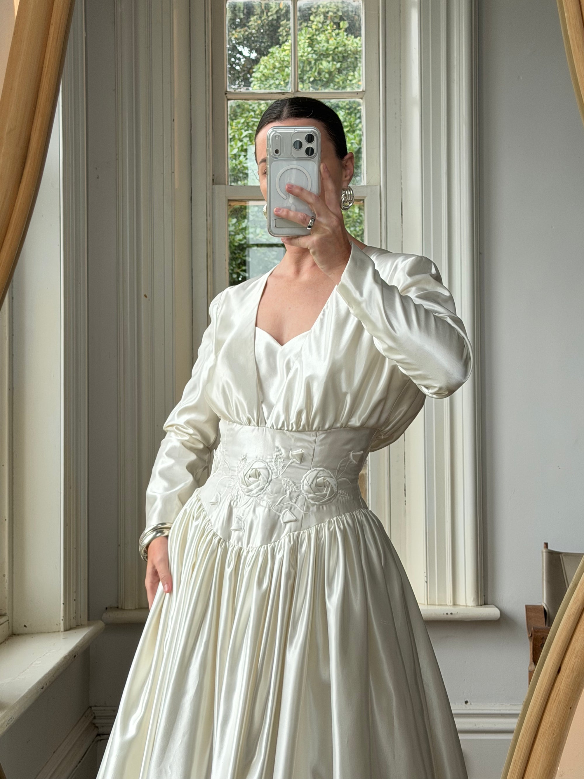 Vintage 90s Australian Made Satin Rosette Basque Waist Ballgown