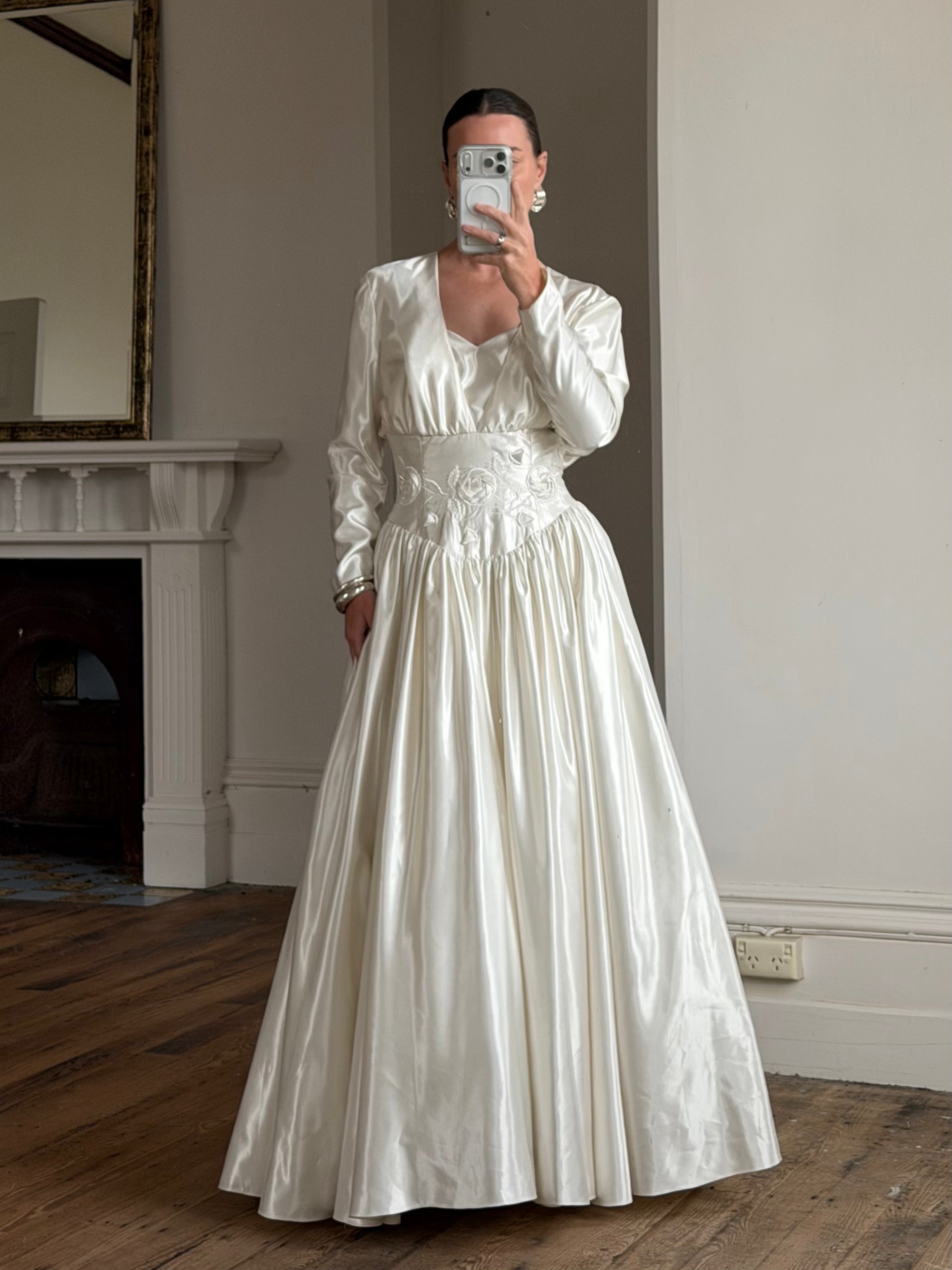Vintage 90s Australian Made Satin Rosette Basque Waist Ballgown