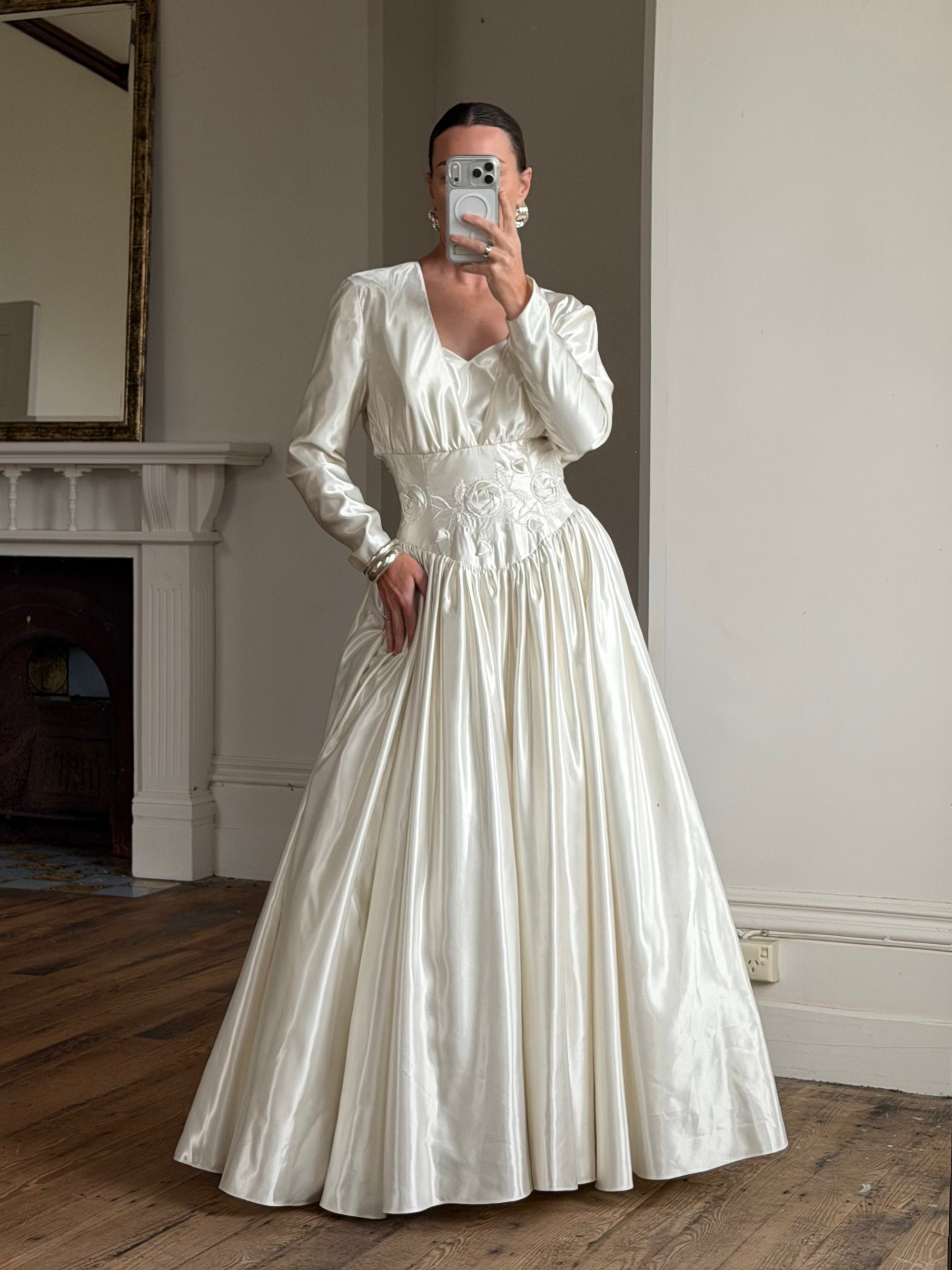 Vintage 90s Australian Made Satin Rosette Basque Waist Ballgown