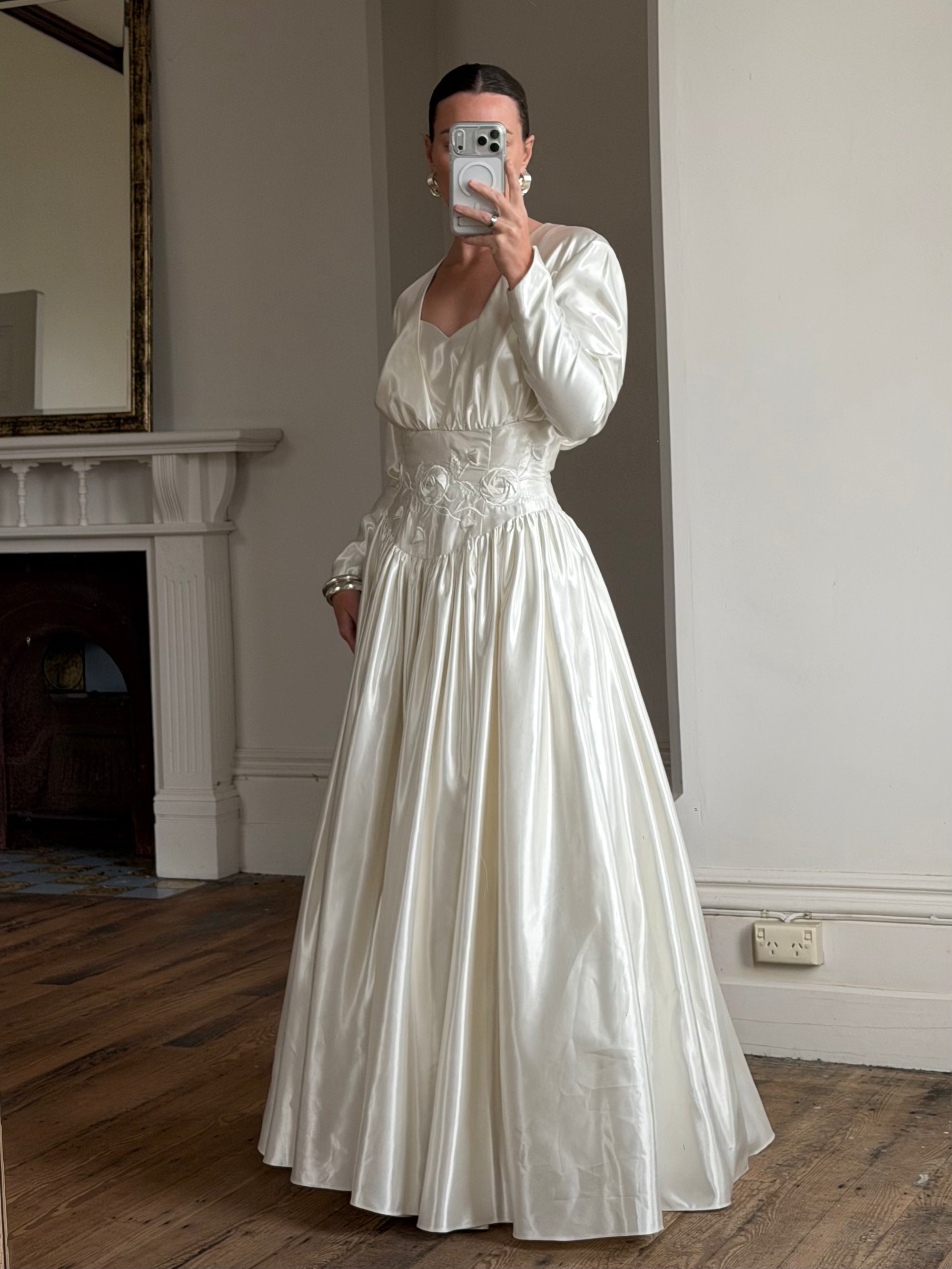 Vintage 90s Australian Made Satin Rosette Basque Waist Ballgown