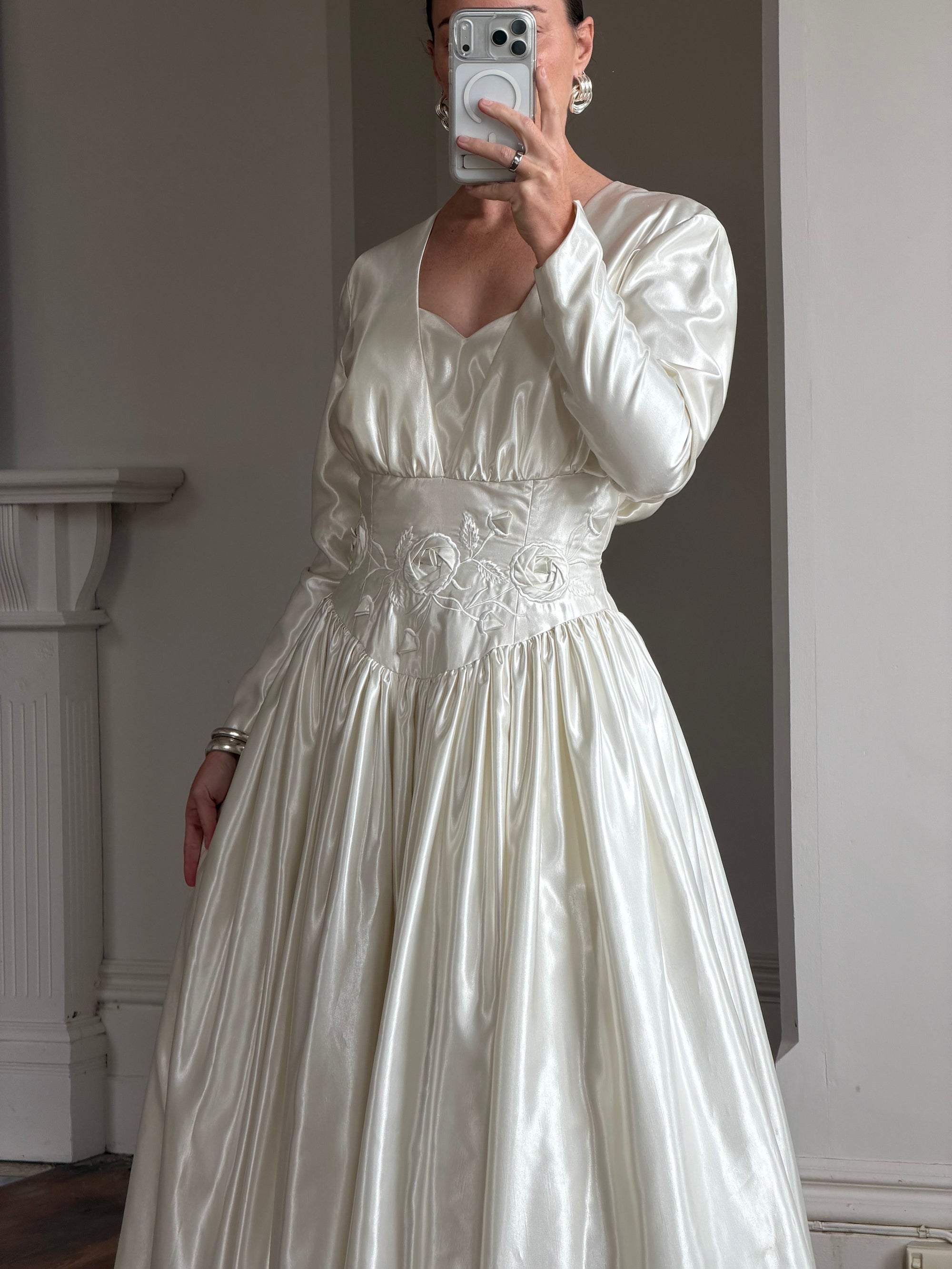 Vintage 90s Australian Made Satin Rosette Basque Waist Ballgown