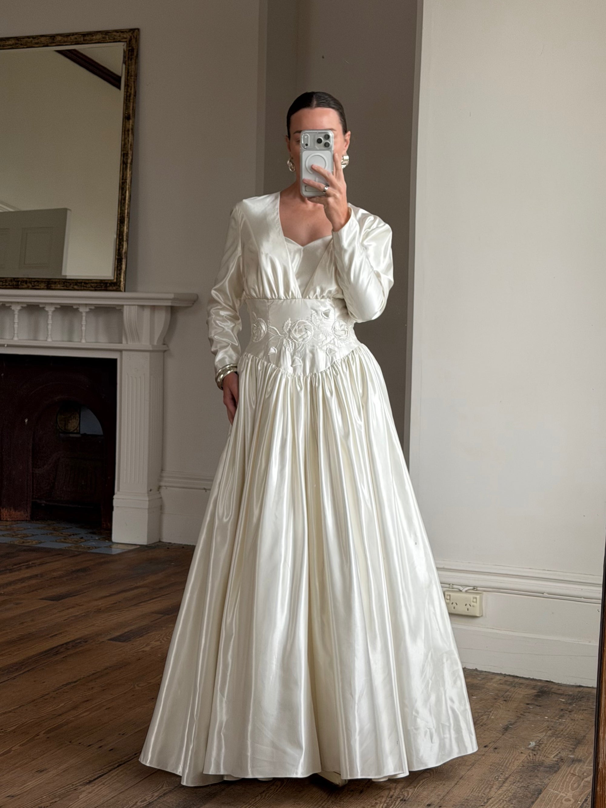 Vintage 90s Australian Made Satin Rosette Basque Waist Ballgown