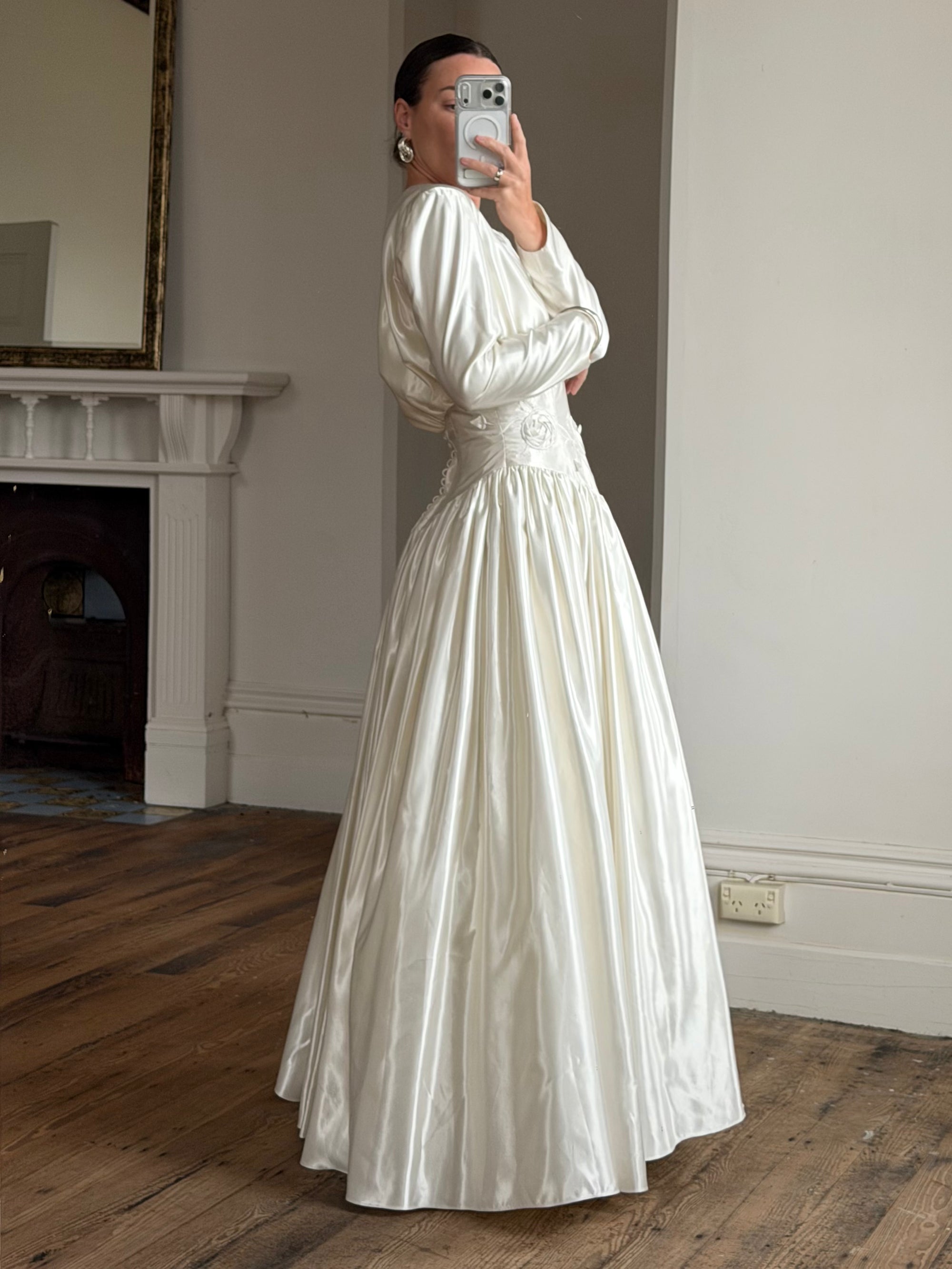 Vintage 90s Australian Made Satin Rosette Basque Waist Ballgown