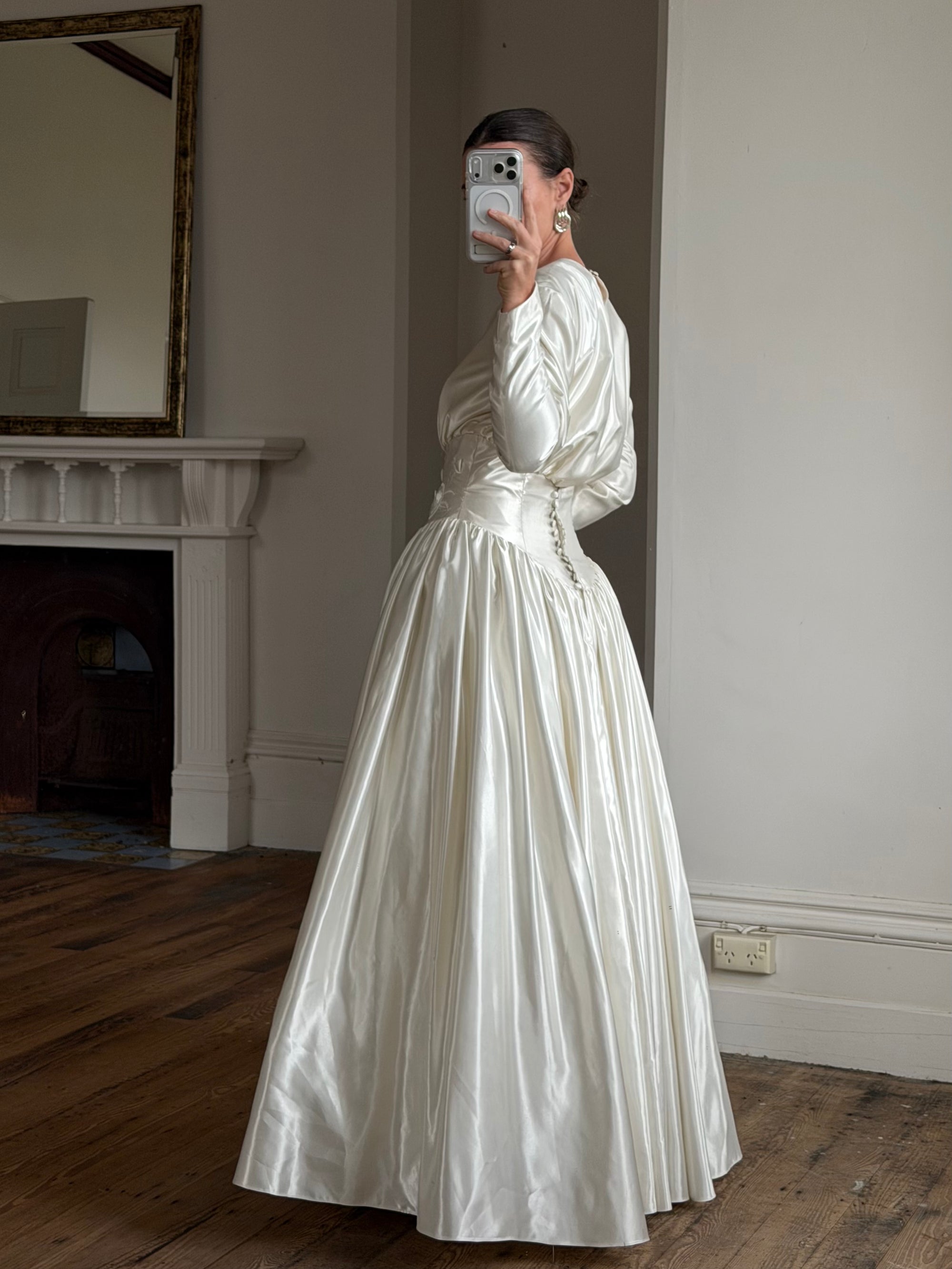 Vintage 90s Australian Made Satin Rosette Basque Waist Ballgown