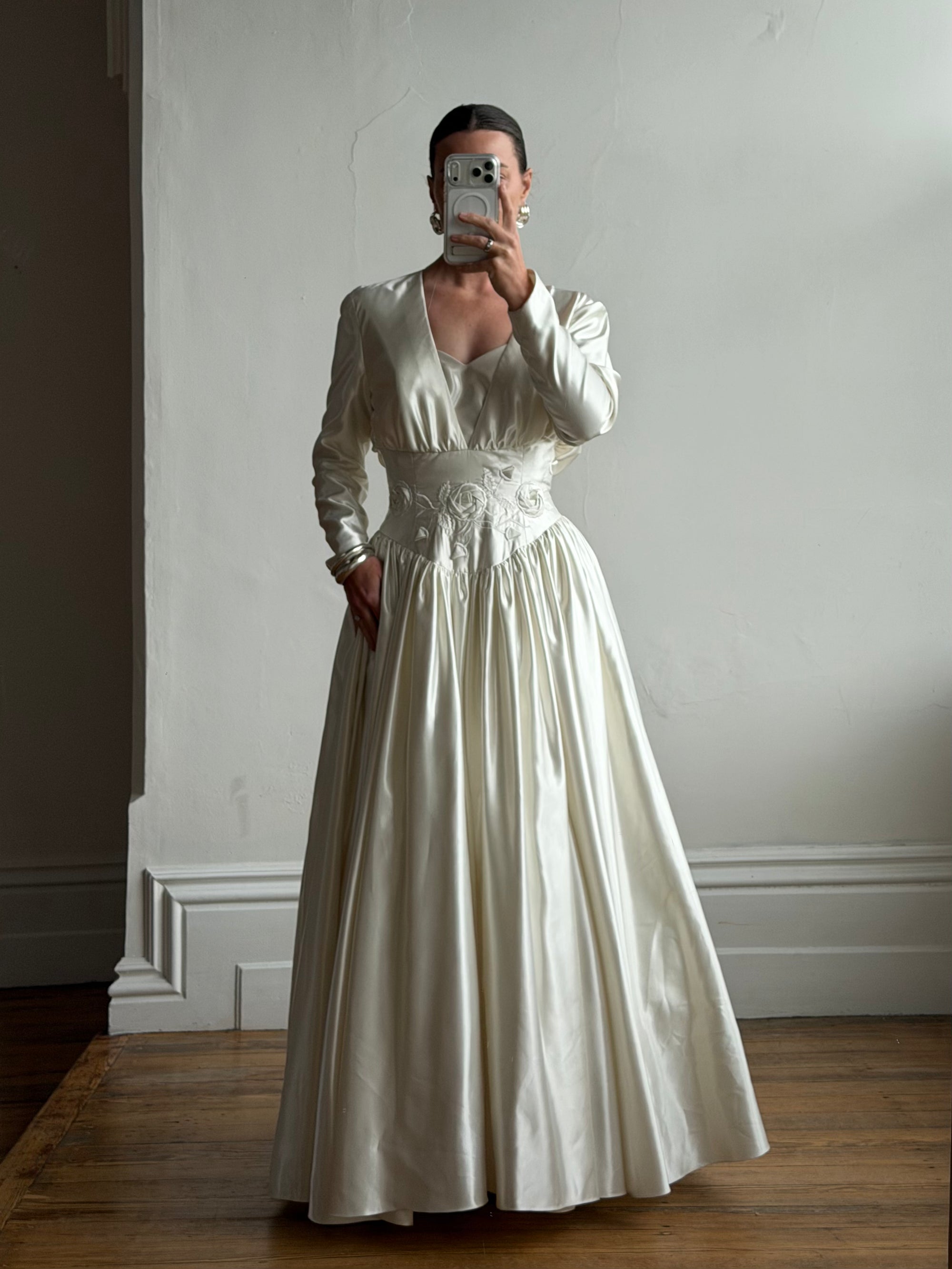 Vintage 90s Australian Made Satin Rosette Basque Waist Ballgown