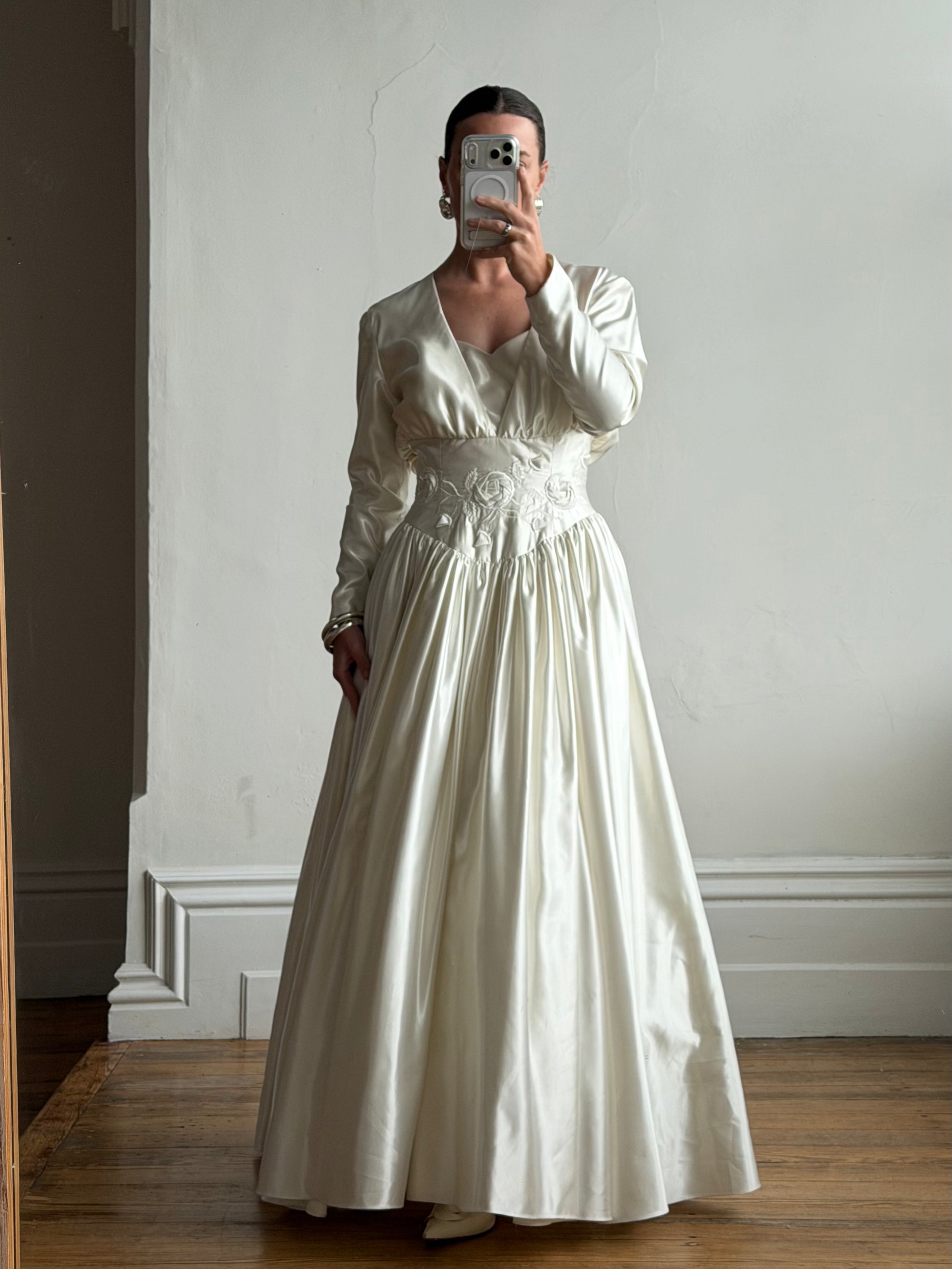 Vintage 90s Australian Made Satin Rosette Basque Waist Ballgown