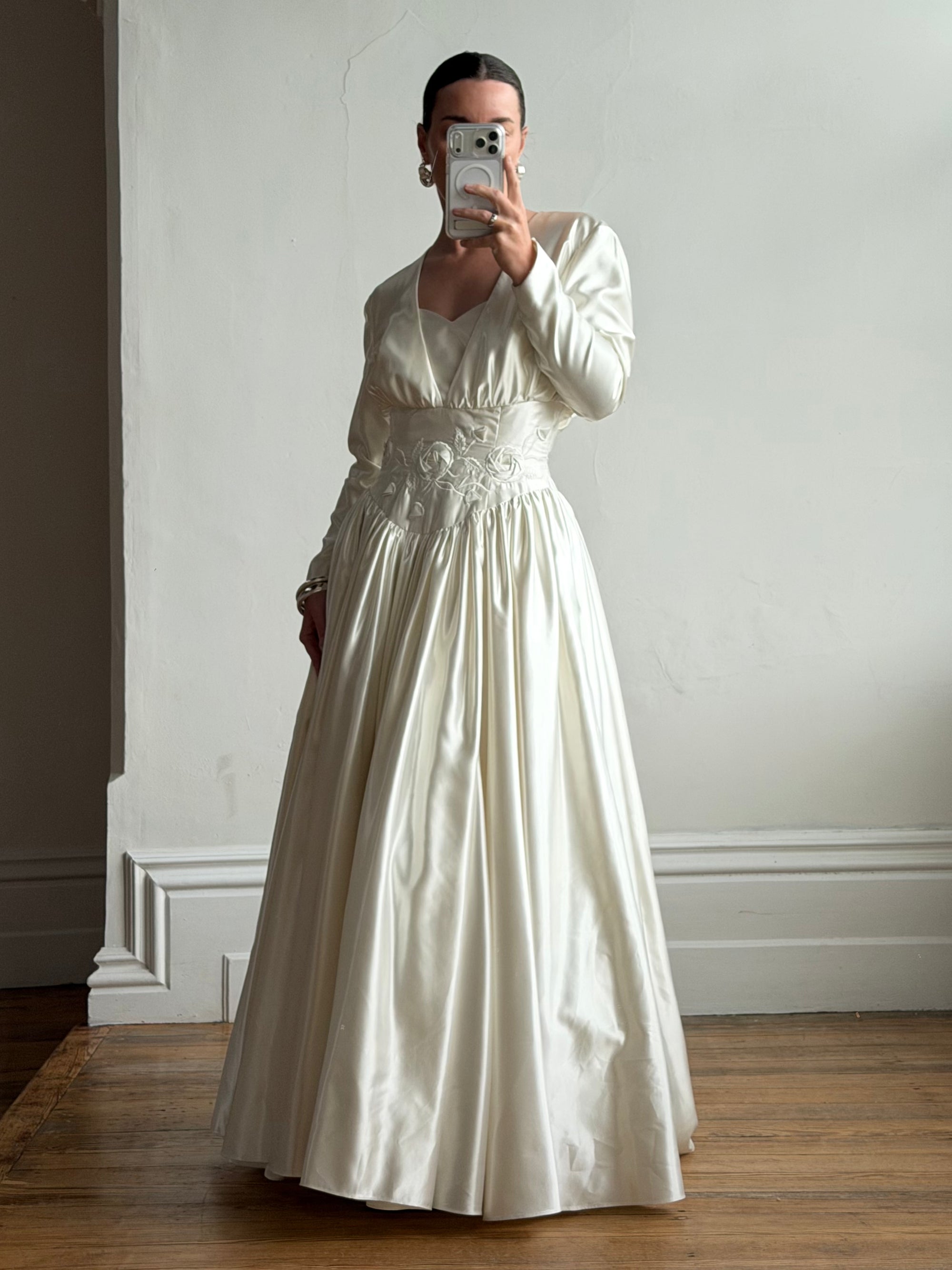Vintage 90s Australian Made Satin Rosette Basque Waist Ballgown