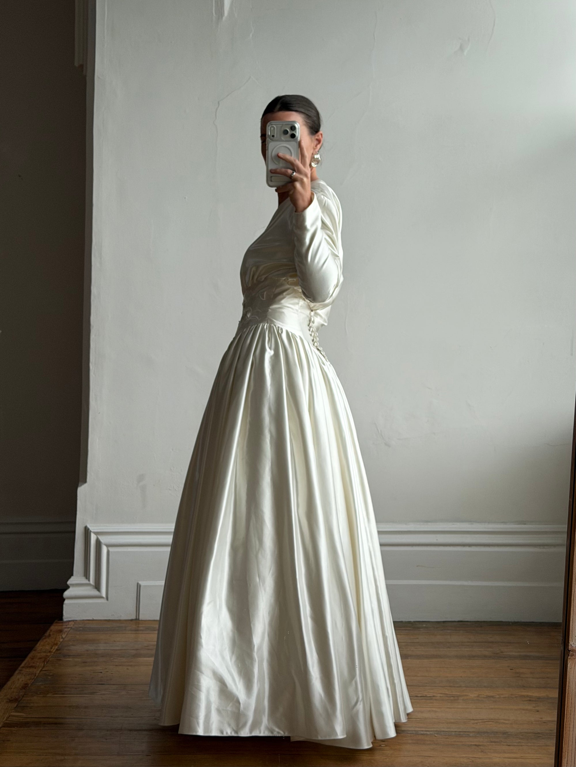 Vintage 90s Australian Made Satin Rosette Basque Waist Ballgown
