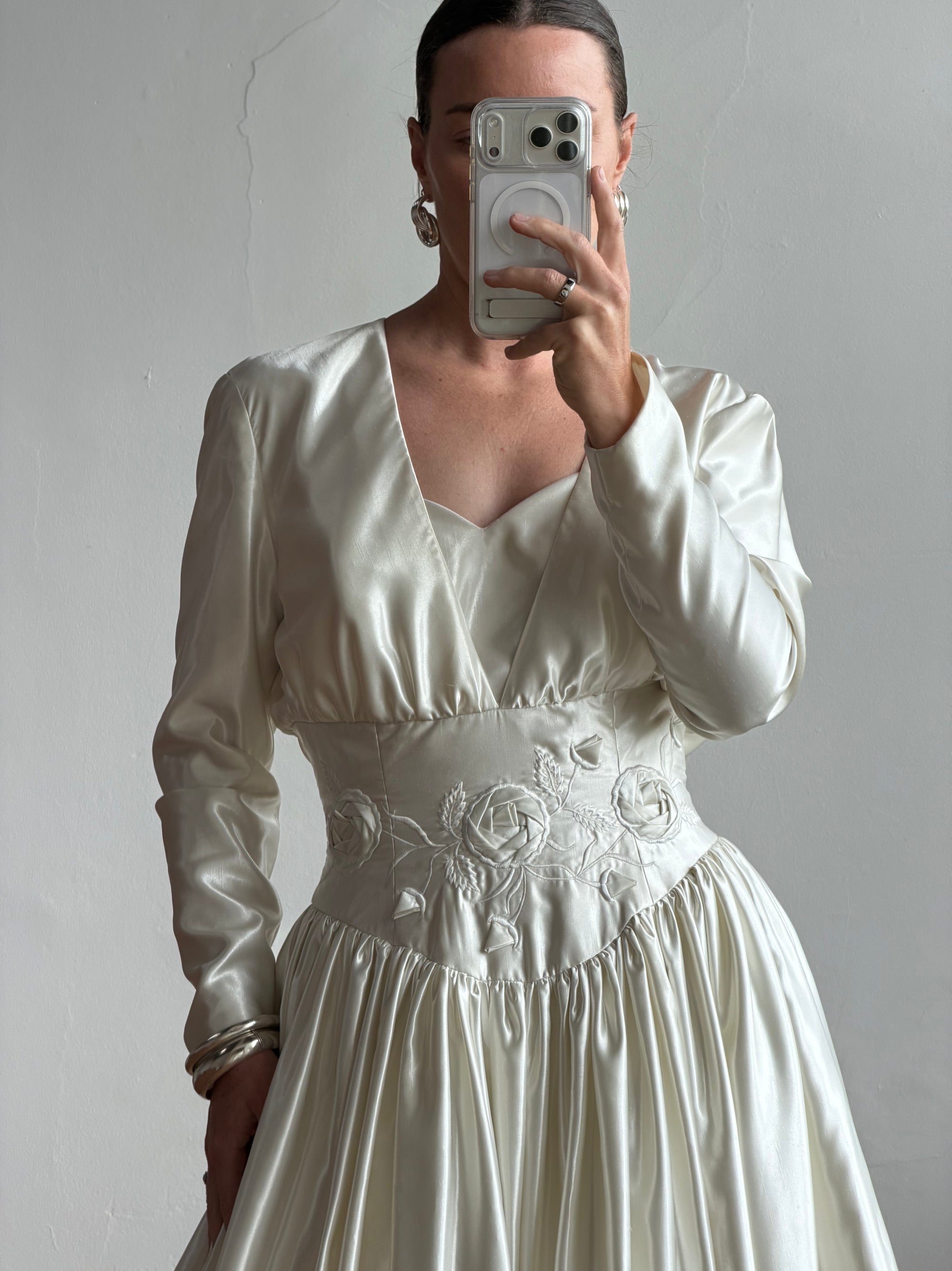 Vintage 90s Australian Made Satin Rosette Basque Waist Ballgown