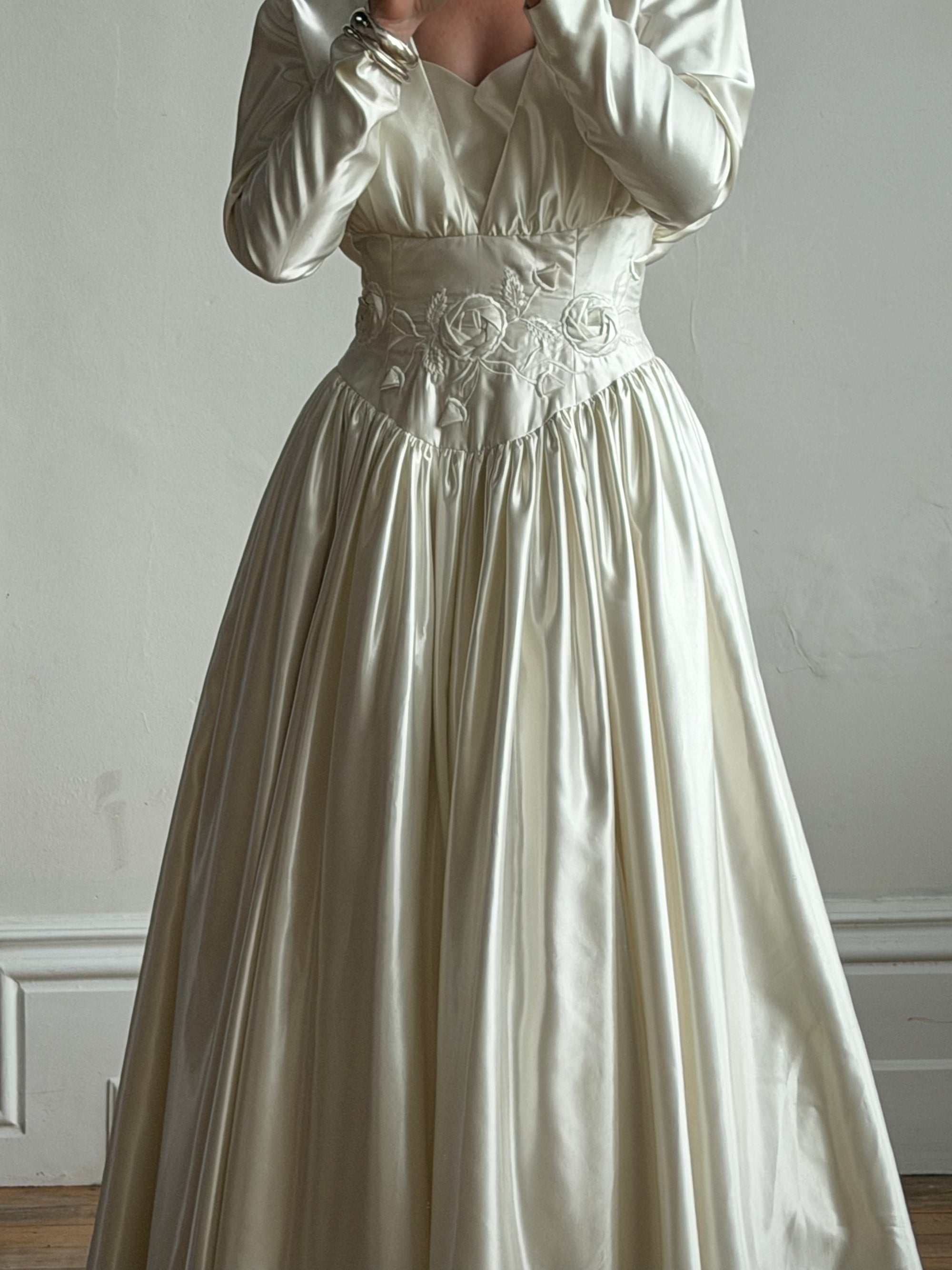Vintage 90s Australian Made Satin Rosette Basque Waist Ballgown