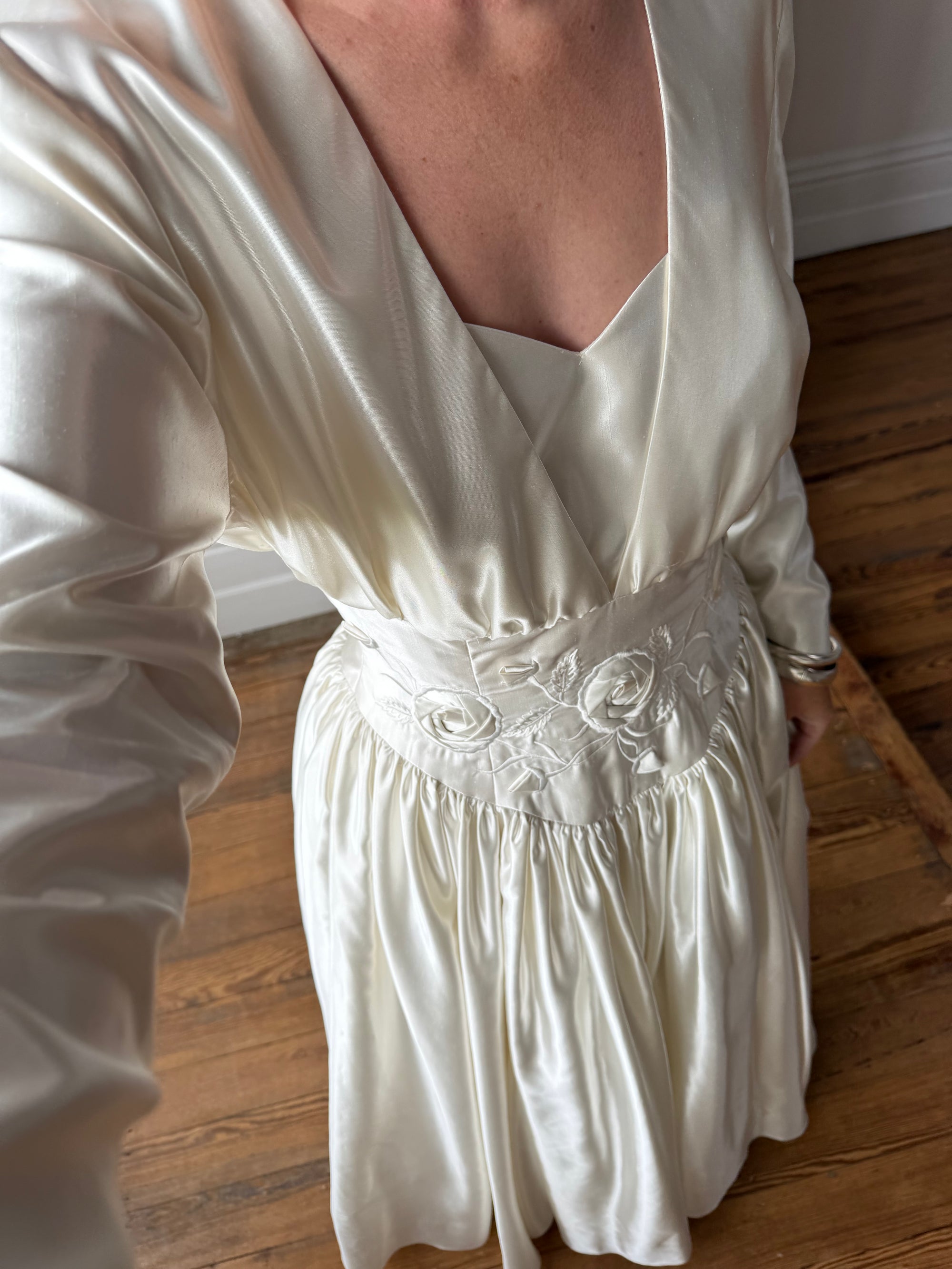 Vintage 90s Australian Made Satin Rosette Basque Waist Ballgown
