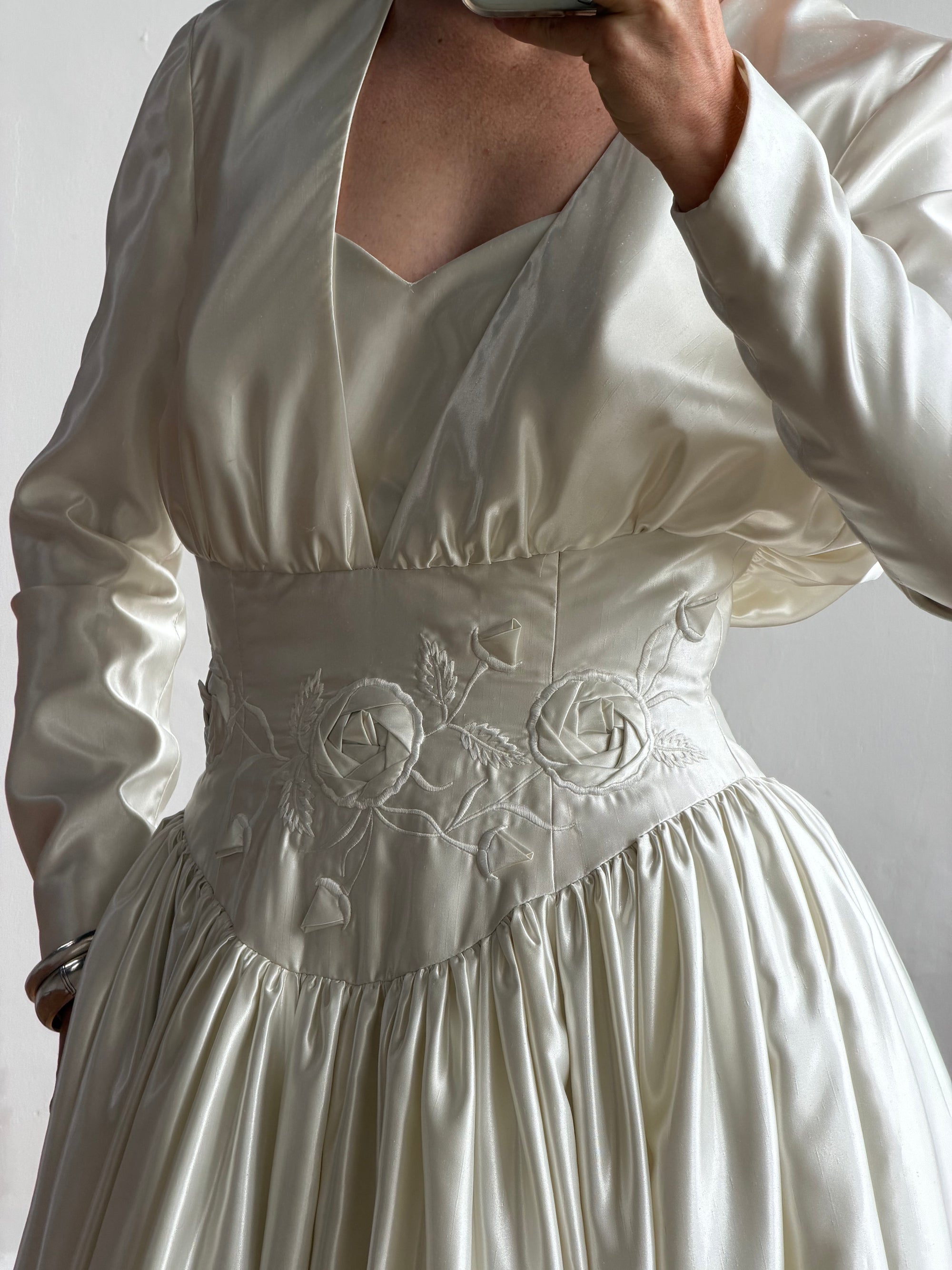 Vintage 90s Australian Made Satin Rosette Basque Waist Ballgown