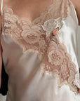 Vintage Y2K Victorias Secret Ivory Satin Champagne Lace & Pink Rosettes Mini Slip Dress