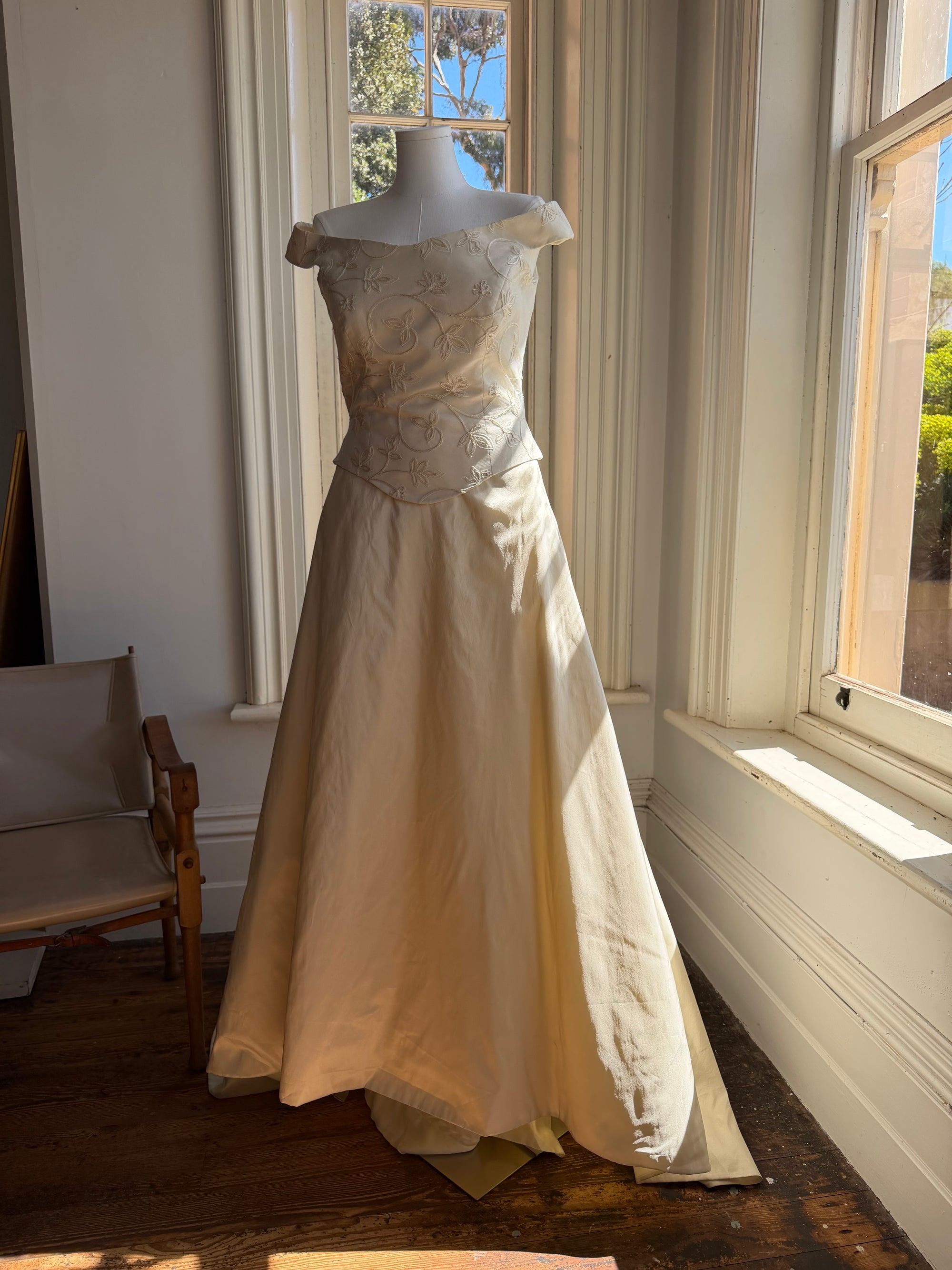 Vintage 90s Italian Embroidered Off Shoulder Two-Piece Bridal Set Fawn