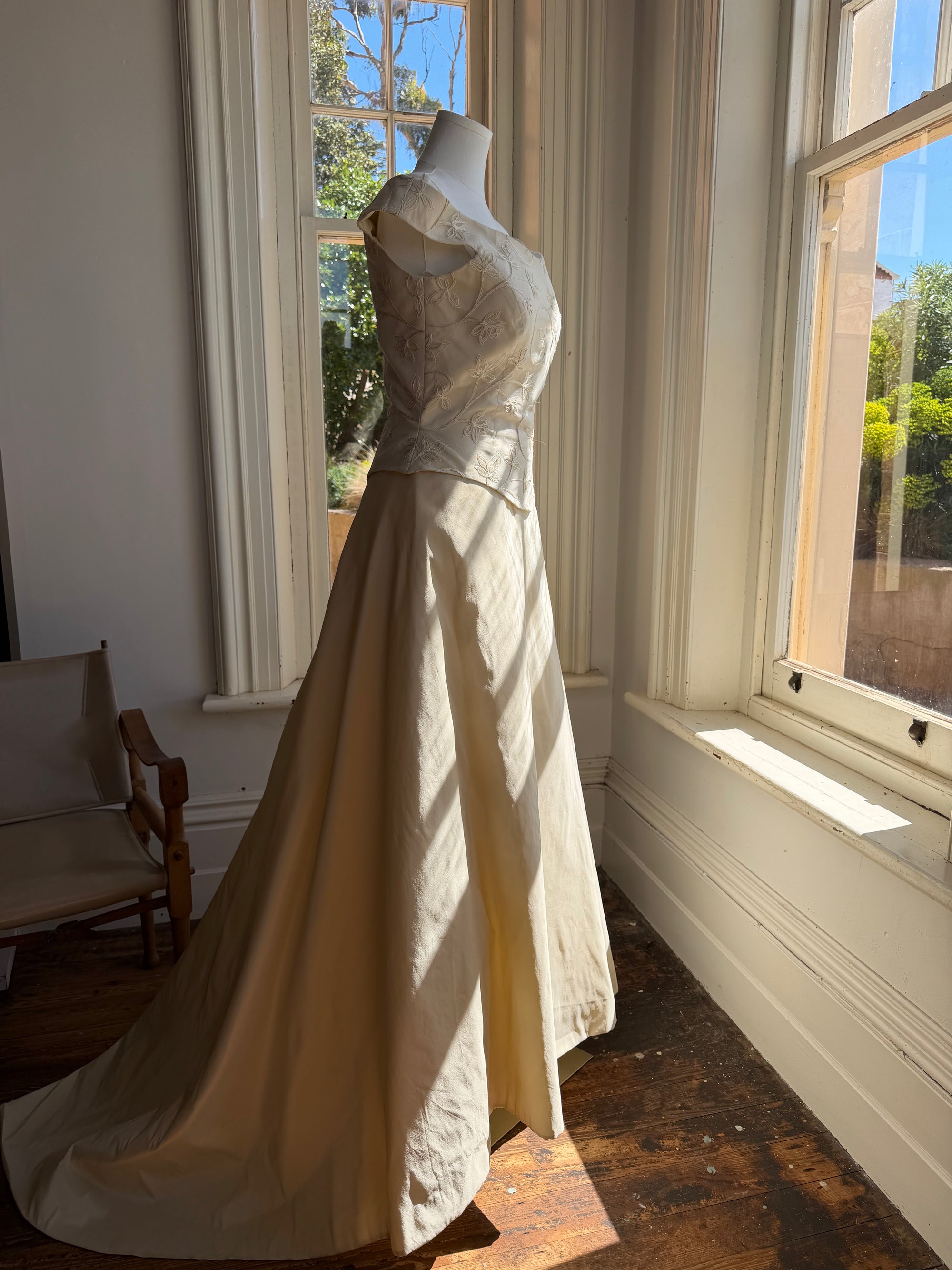Vintage 90s Italian Embroidered Off Shoulder Two-Piece Bridal Set Fawn