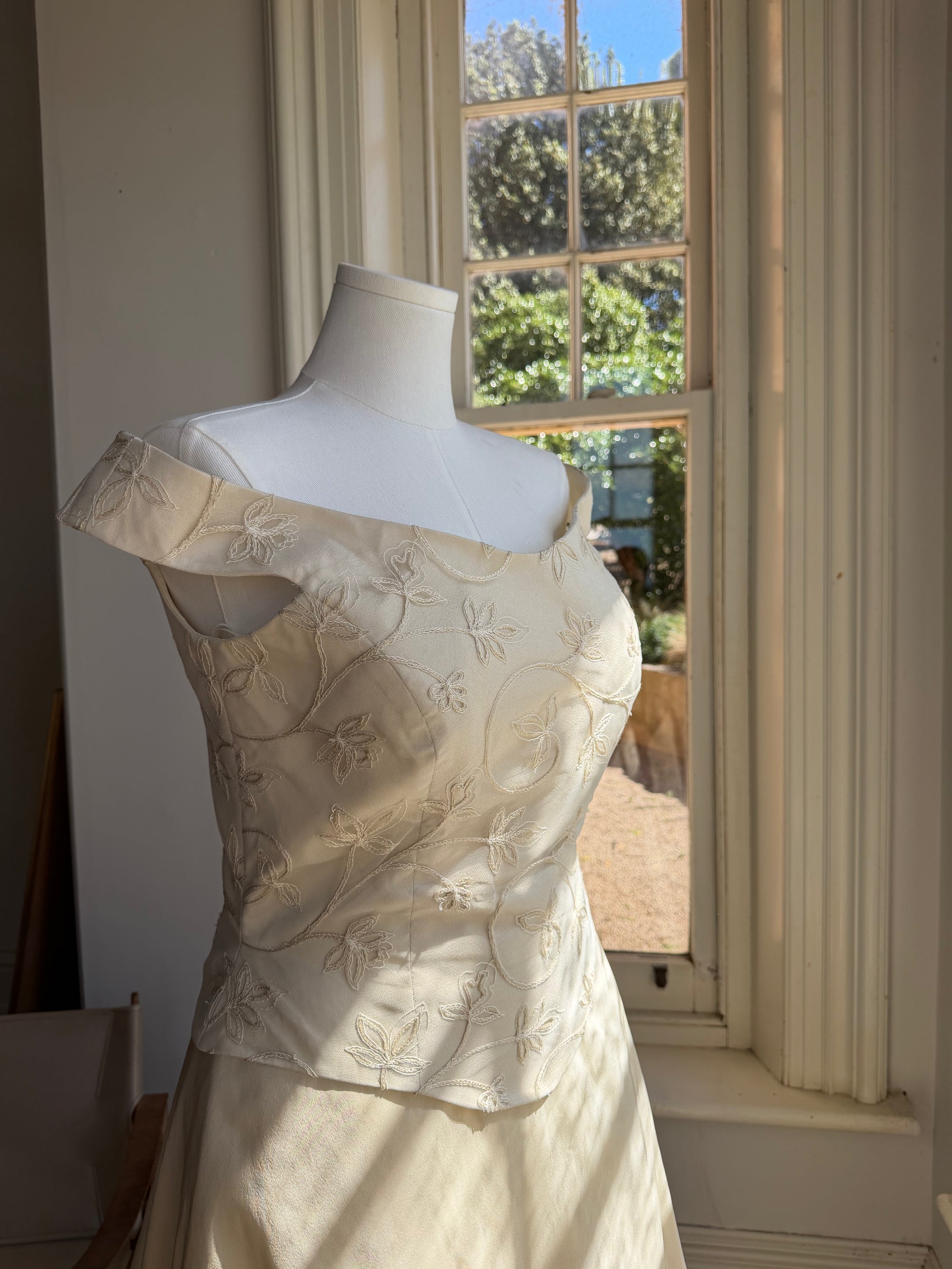 Vintage 90s Italian Embroidered Off Shoulder Two-Piece Bridal Set Fawn