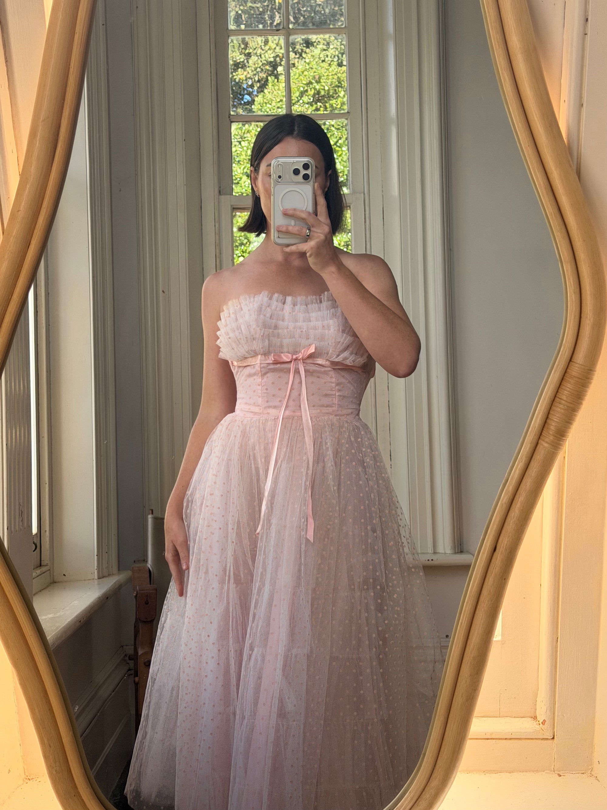 Vintage 50s Pale Pink Swiss Dot Tulle Strapless Dress