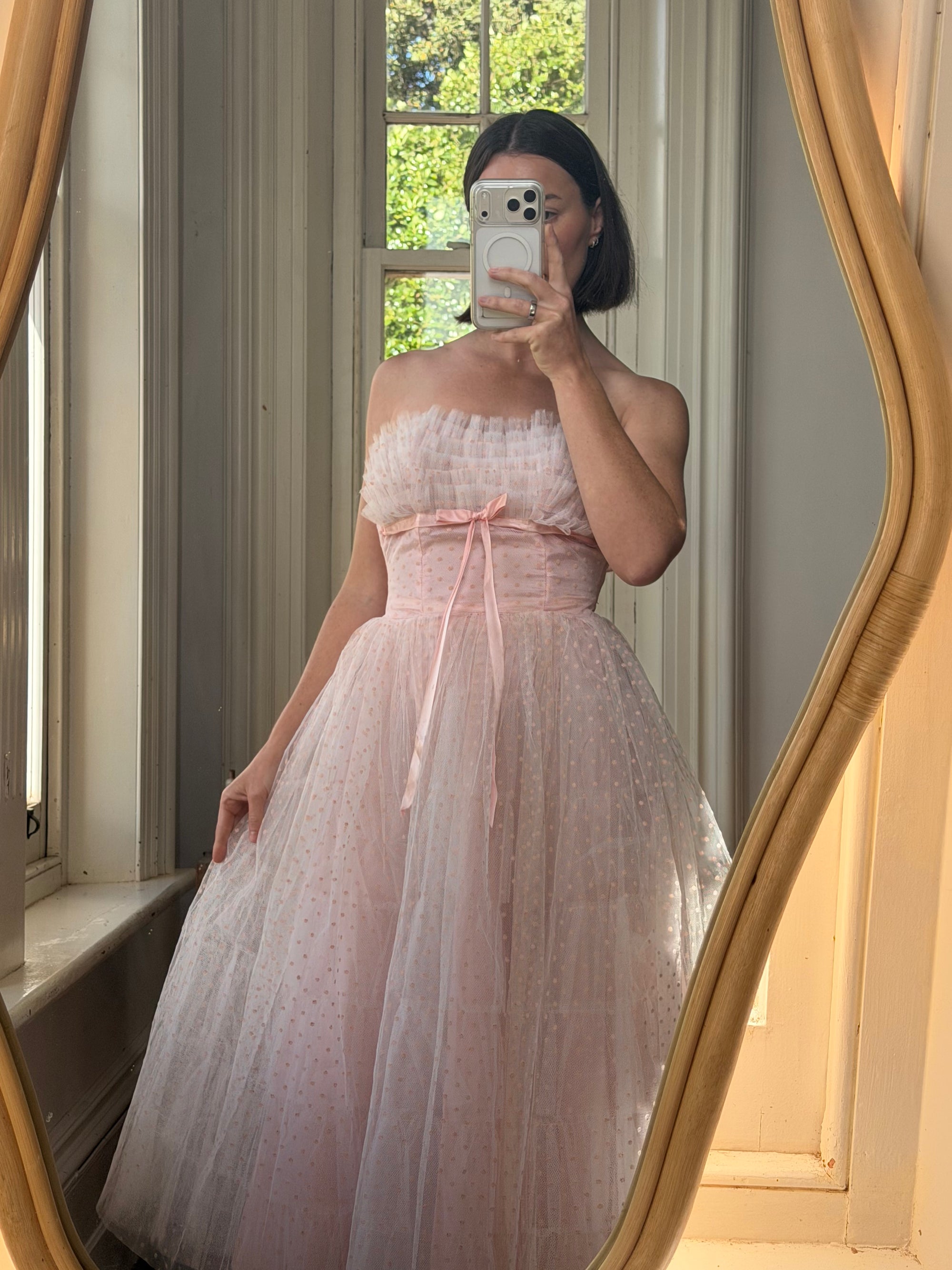 Vintage 50s Pale Pink Swiss Dot Tulle Strapless Dress