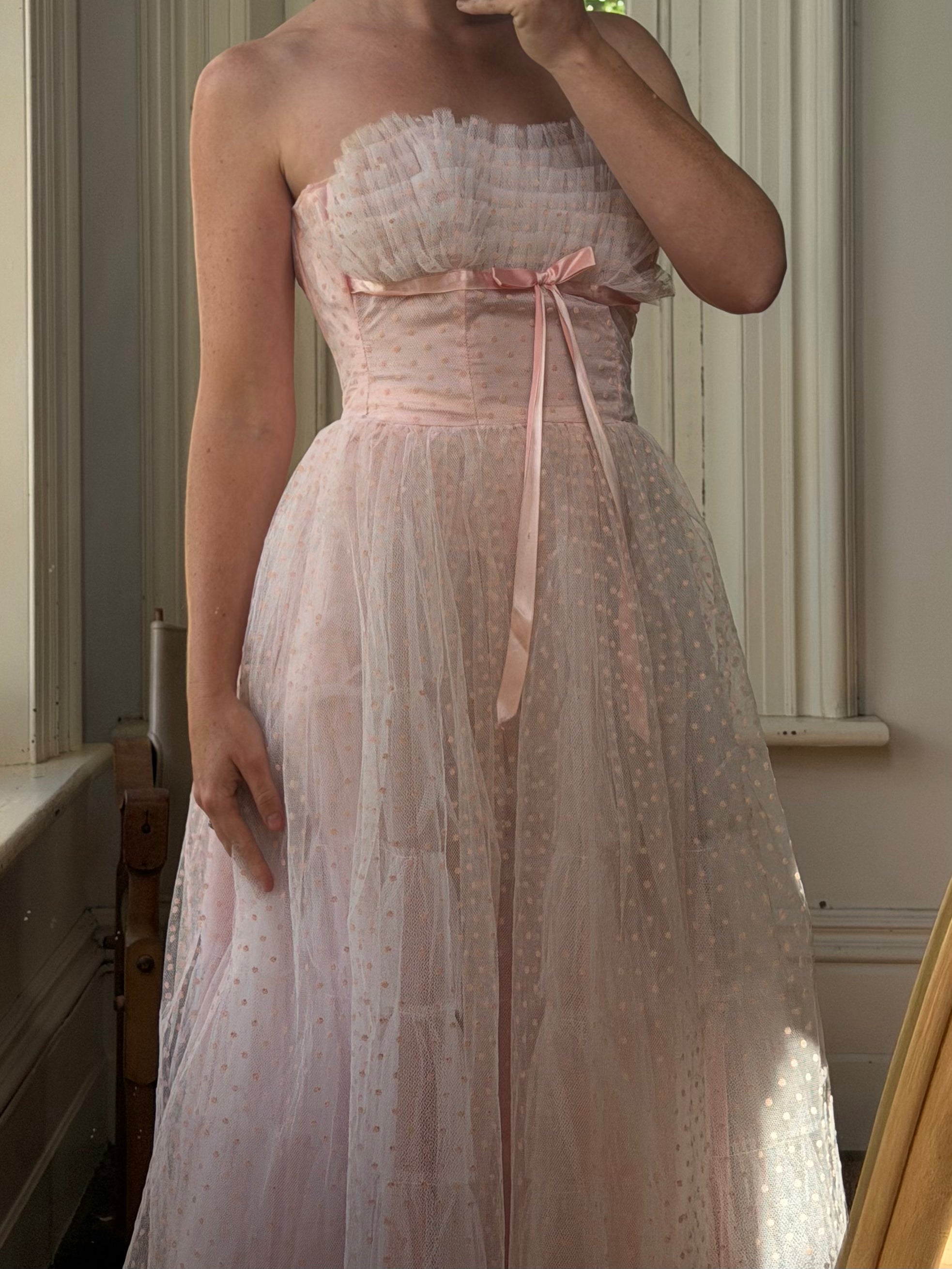 Vintage 50s Pale Pink Swiss Dot Tulle Strapless Dress