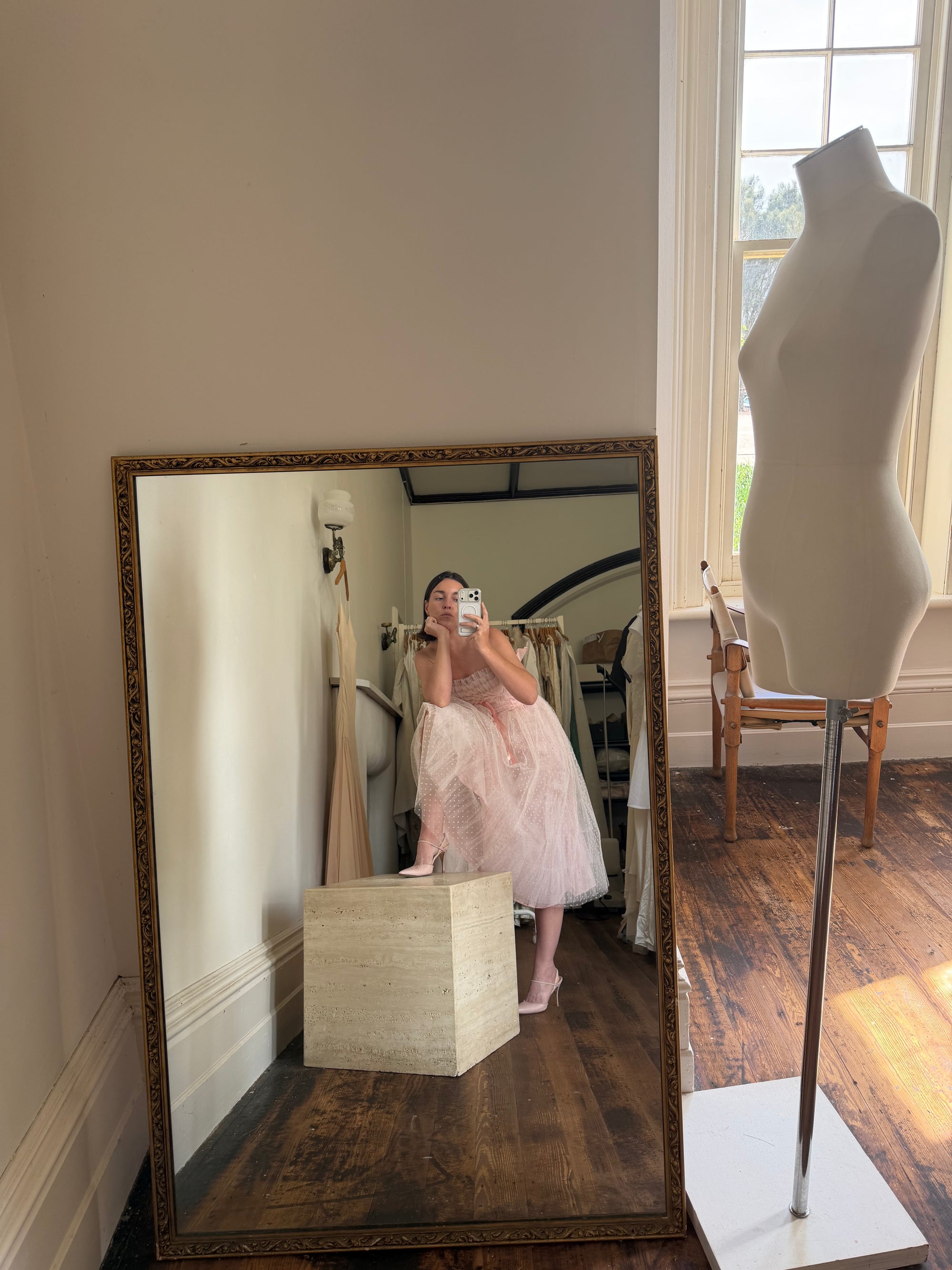 Vintage 50s Pale Pink Swiss Dot Tulle Strapless Dress