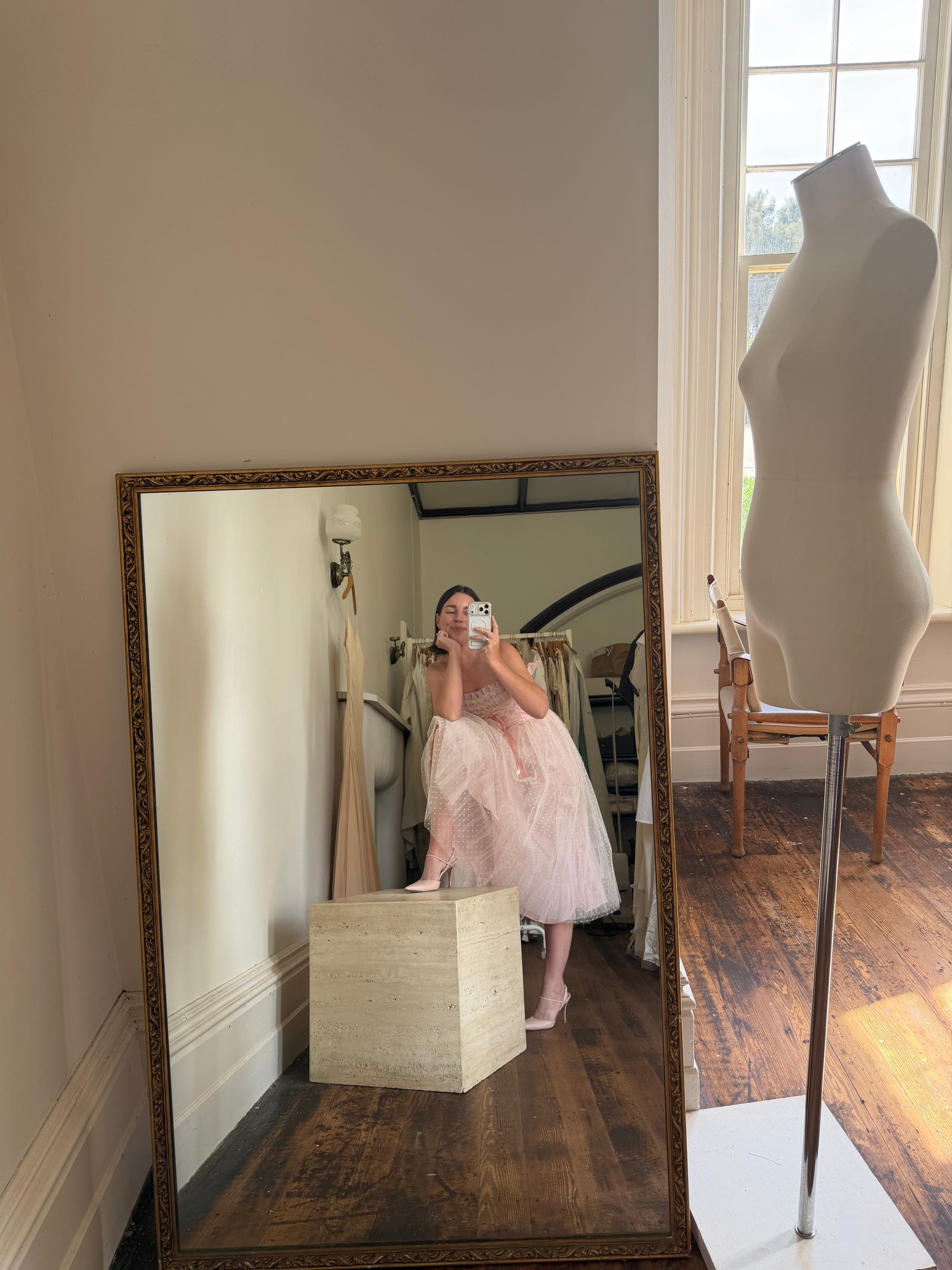 Vintage 50s Pale Pink Swiss Dot Tulle Strapless Dress