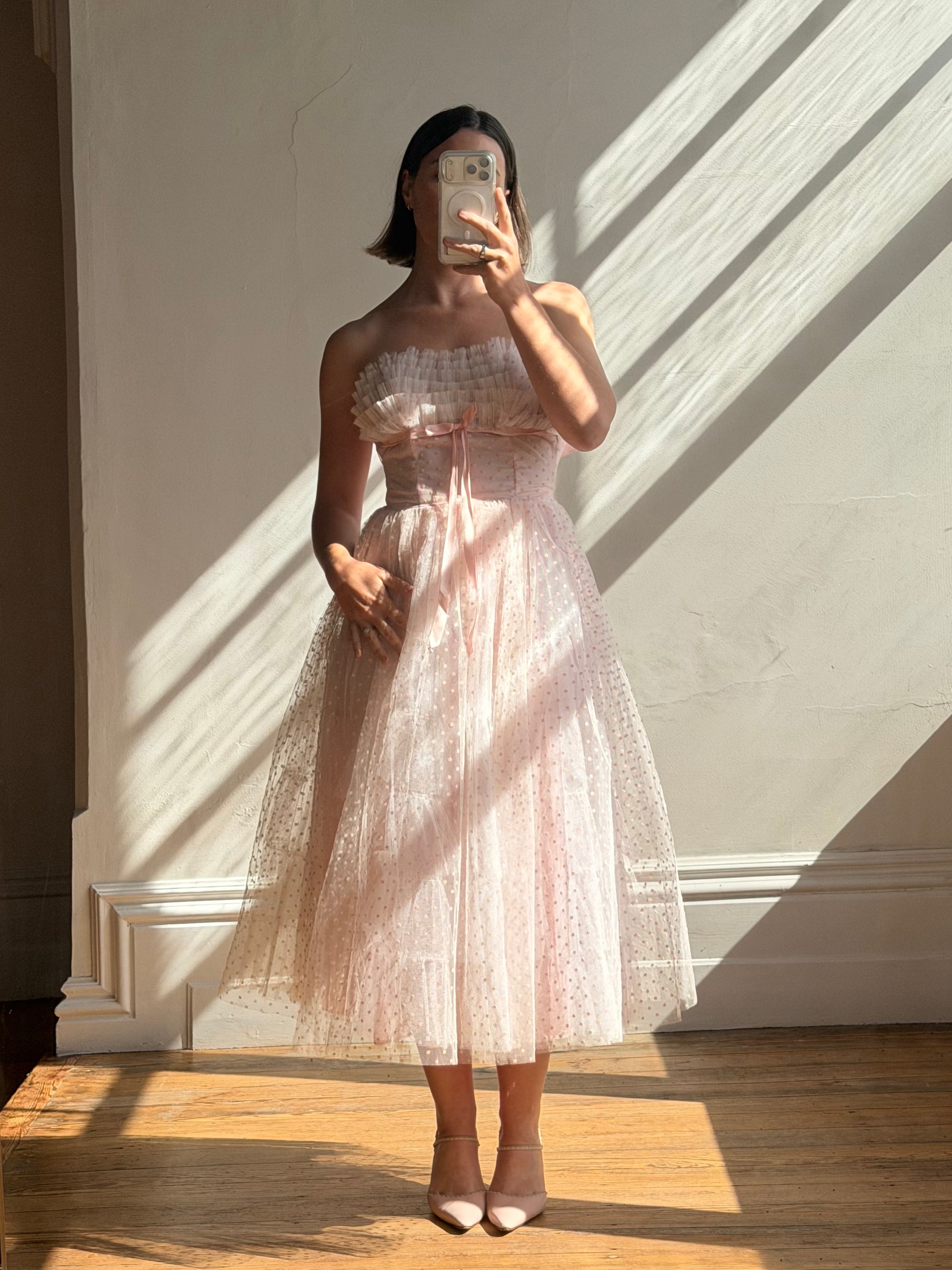 Vintage 50s Pale Pink Swiss Dot Tulle Strapless Dress