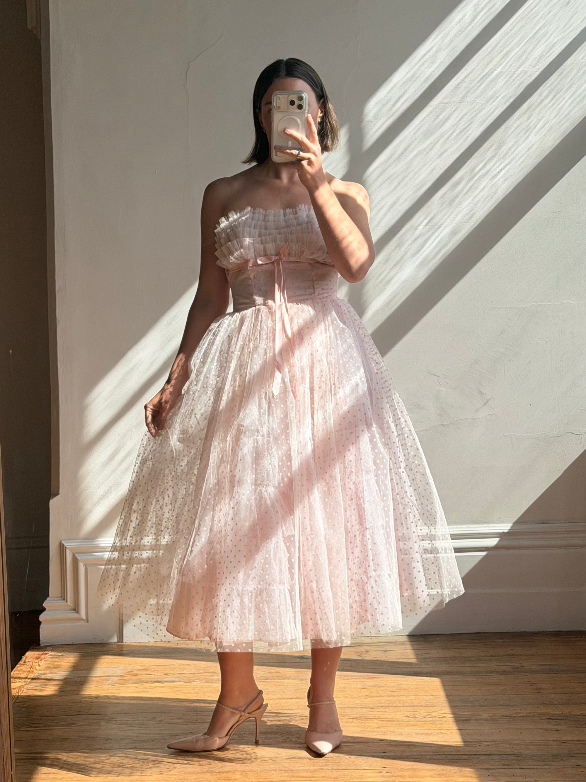 Vintage 50s Pale Pink Swiss Dot Tulle Strapless Dress