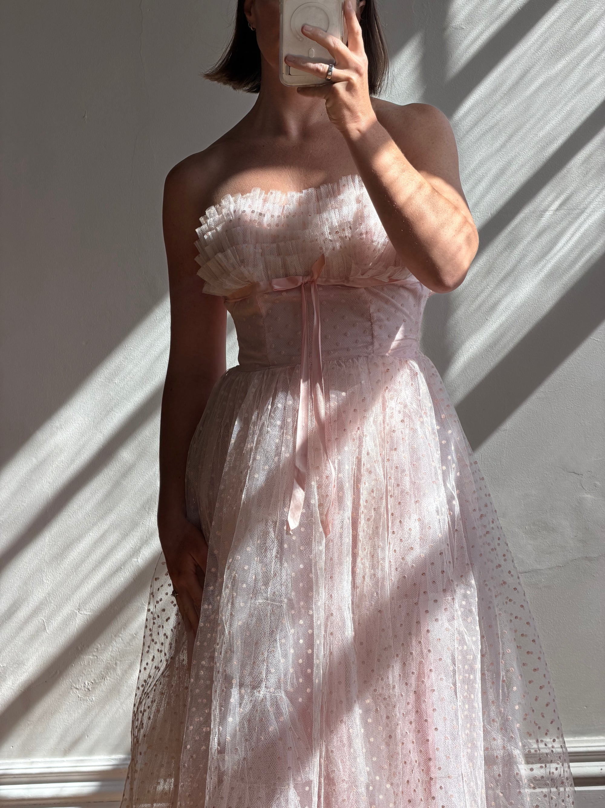 Vintage 50s Pale Pink Swiss Dot Tulle Strapless Dress