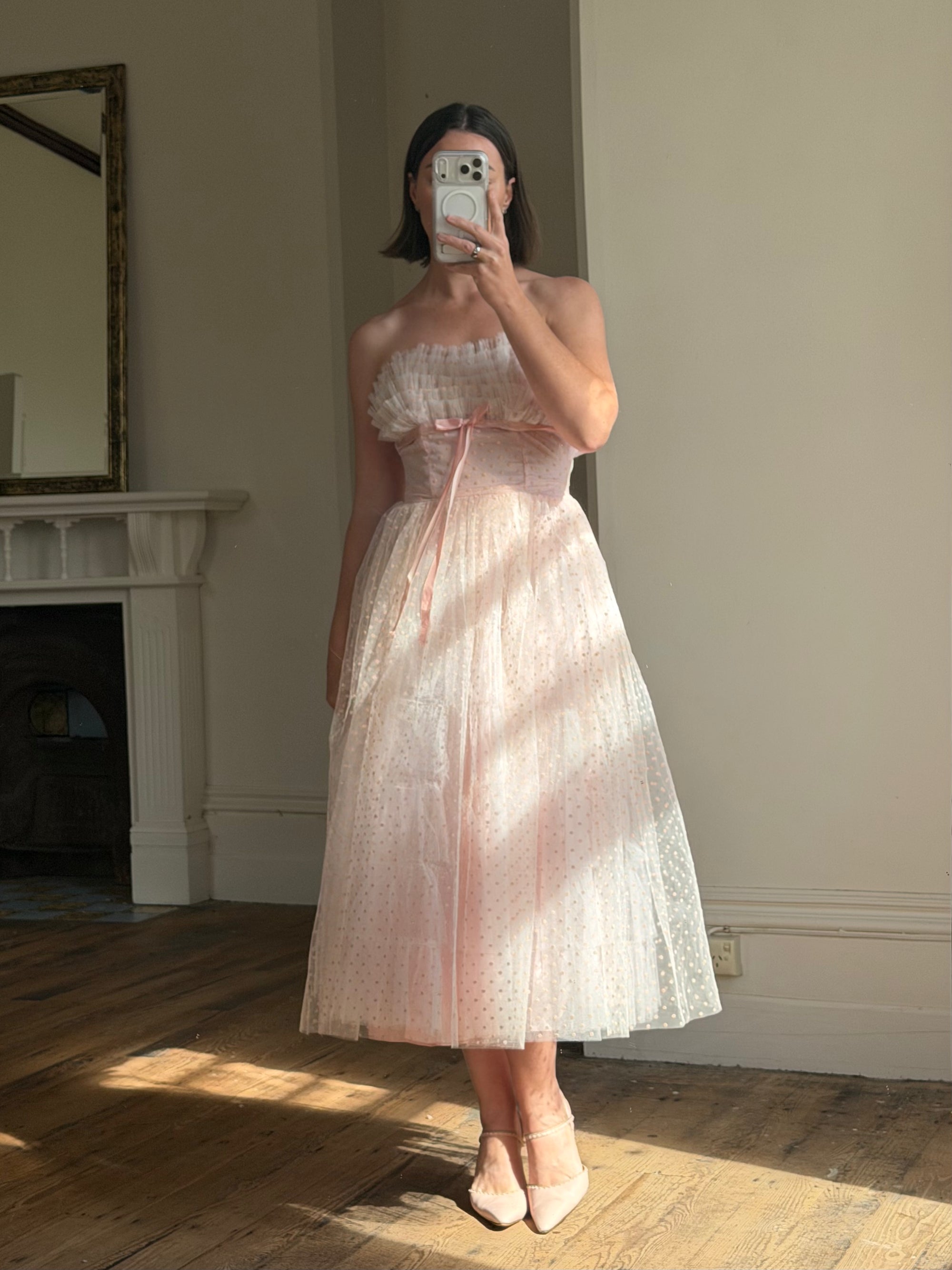 Vintage 50s Pale Pink Swiss Dot Tulle Strapless Dress