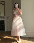Vintage 50s Pale Pink Swiss Dot Tulle Strapless Dress