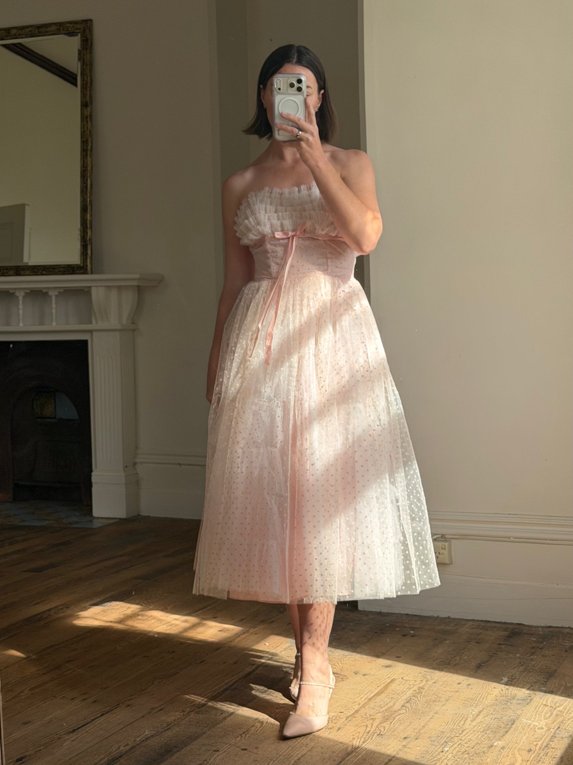 Vintage 50s Pale Pink Swiss Dot Tulle Strapless Dress