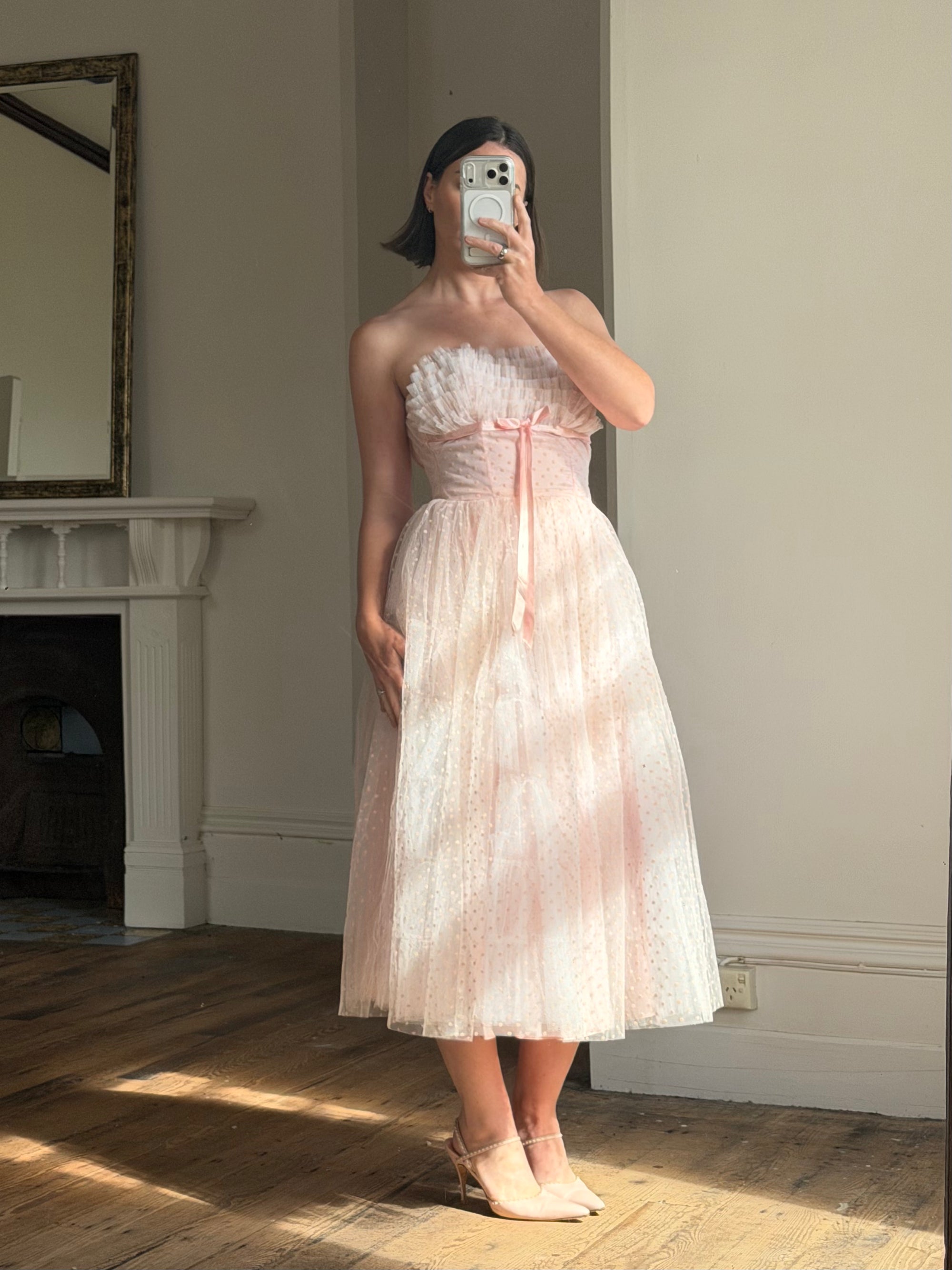 Vintage 50s Pale Pink Swiss Dot Tulle Strapless Dress